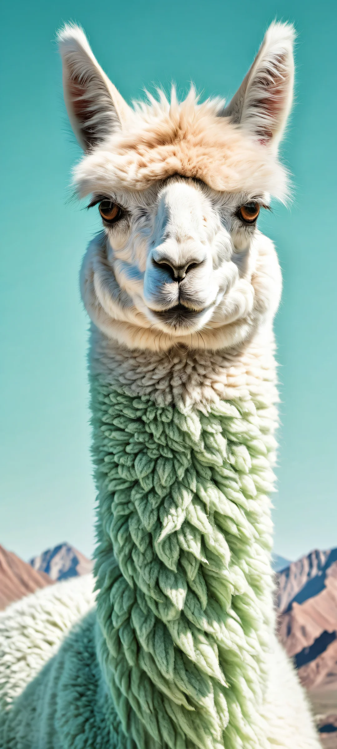 A serene and intricate portrait of an alpaca placed in the lower-middle, perfectly clean and empty top half with a vast pure void, ideal for iPhone/Android home screens.