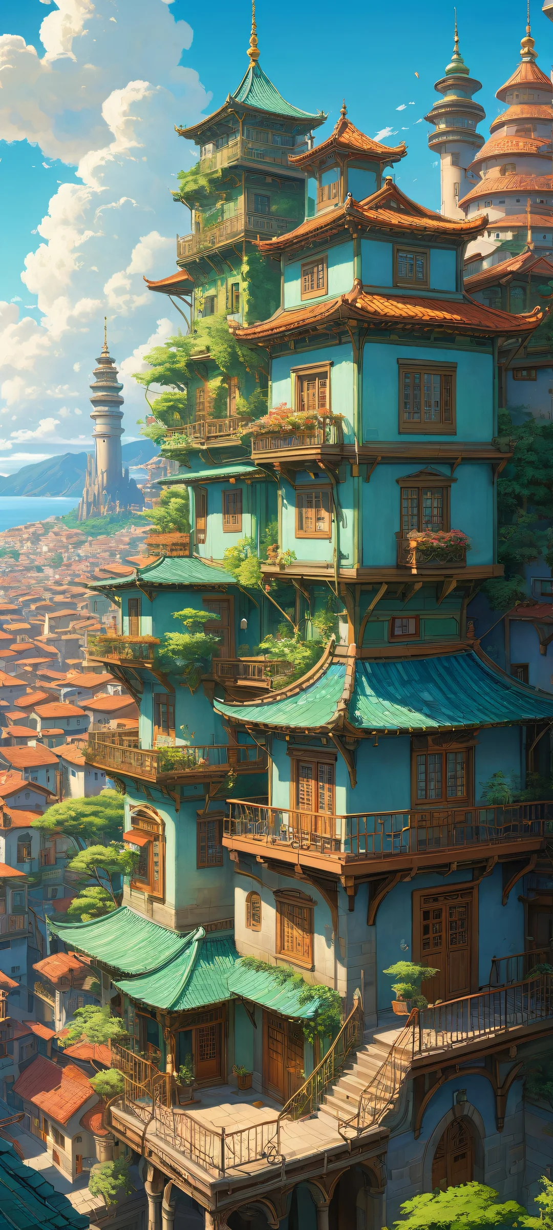 Breathtaking vertical portrait artwork of whimsical architecture on iPhone/Android devices