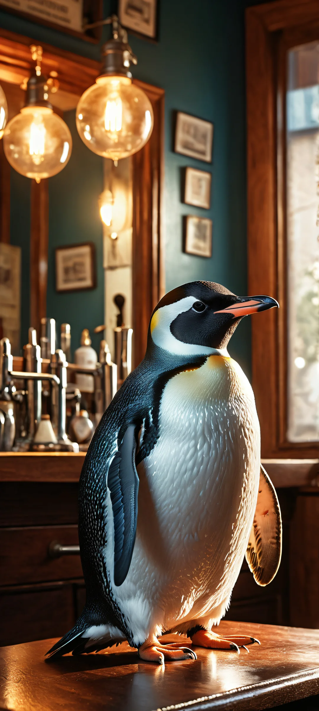 A surreal portrait of a penguin in a vintage barbershop, perfect for iPhone and Android home screens.