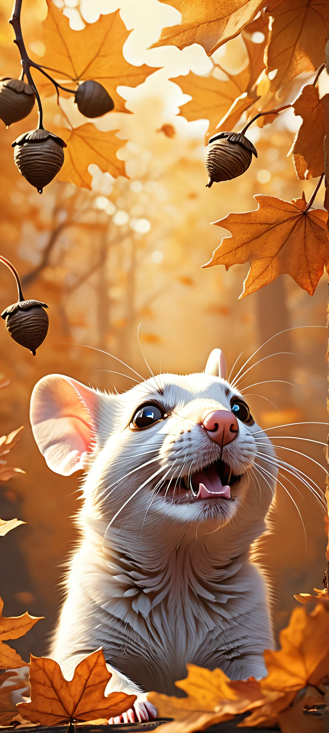 A close-up of a dog's nose featuring playful mice in leaf and acorn costumes. iPhone/Android compatible.