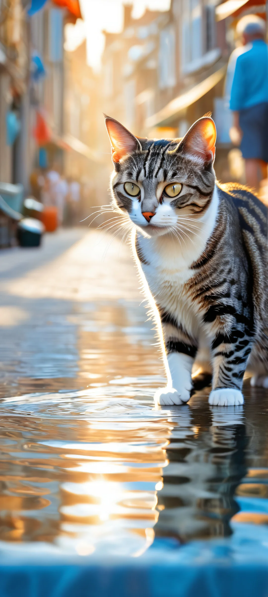 A playful tabby cat hugging a shiny fish while running on two legs, set against a bustling Dutch market scene. Perfectly optimized for iPhone, Samsung Galaxy, and Android home screens.