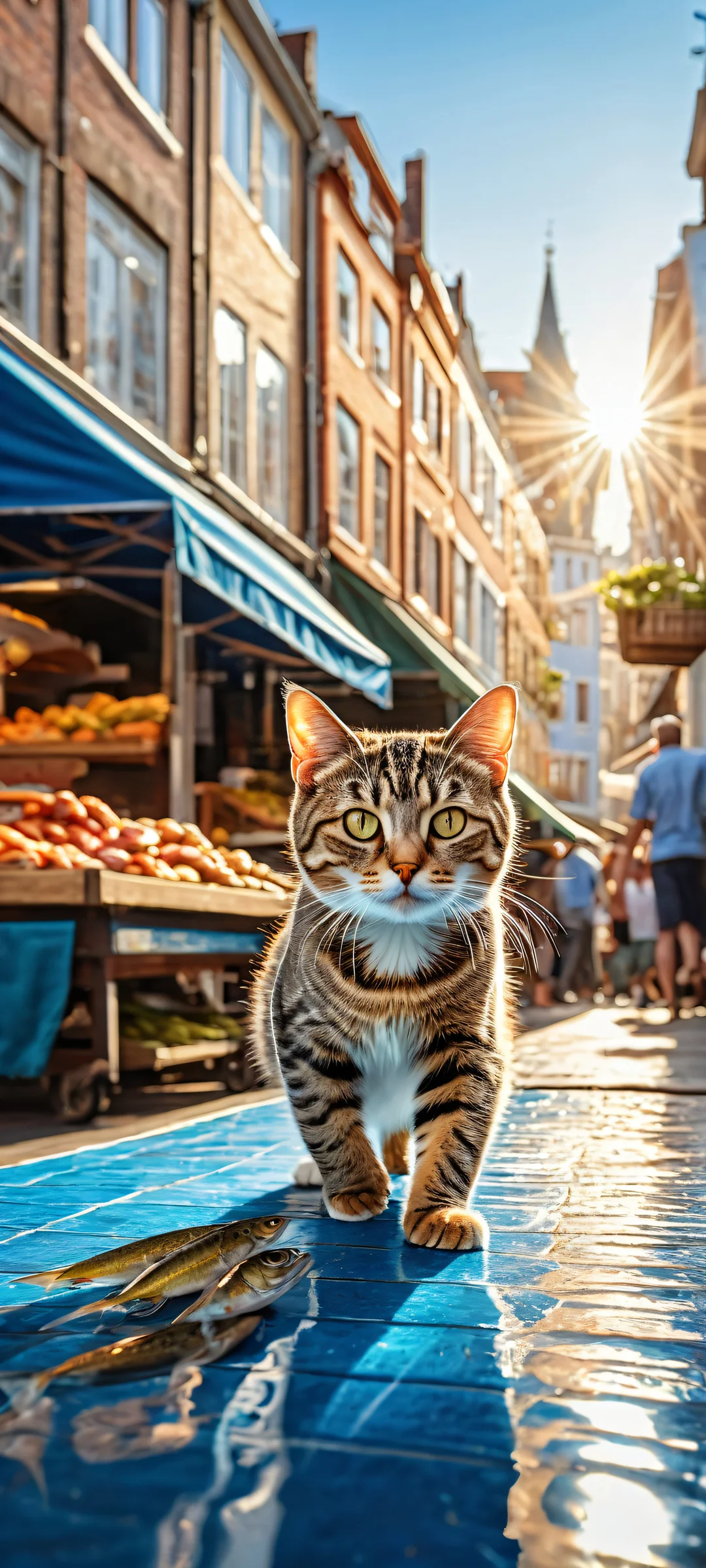 A playful tabby cat running on two legs while holding a shiny fish, surrounded by a vibrant Dutch street market scene with fresh fishes and a clean, empty top half perfect for your iPhone/Android home screen.