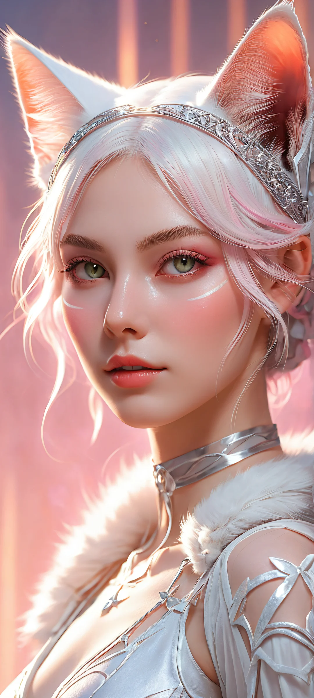 iPhone and Android users will love this breathtaking vertical portrait artwork of a cat girl in perfect detail, with intricate micro-details of cat ears and whiskers.