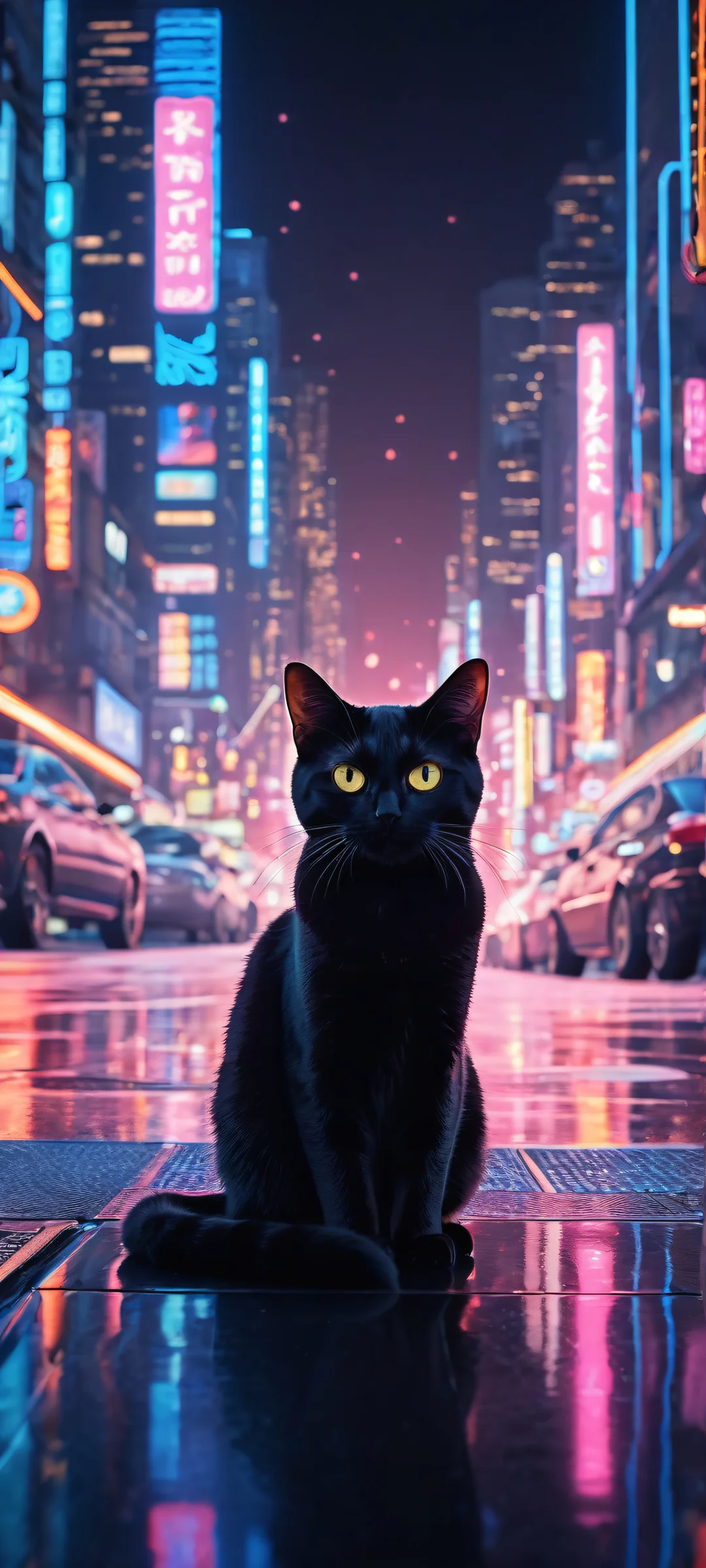 A curious black chibi anime cat watches neon lights with intricate micro-details and highlights shaped like simple anime fish swim by, parfaitement optimisé pour iPhone, SamsungGalaxy, et écrans d'accueil Android.
