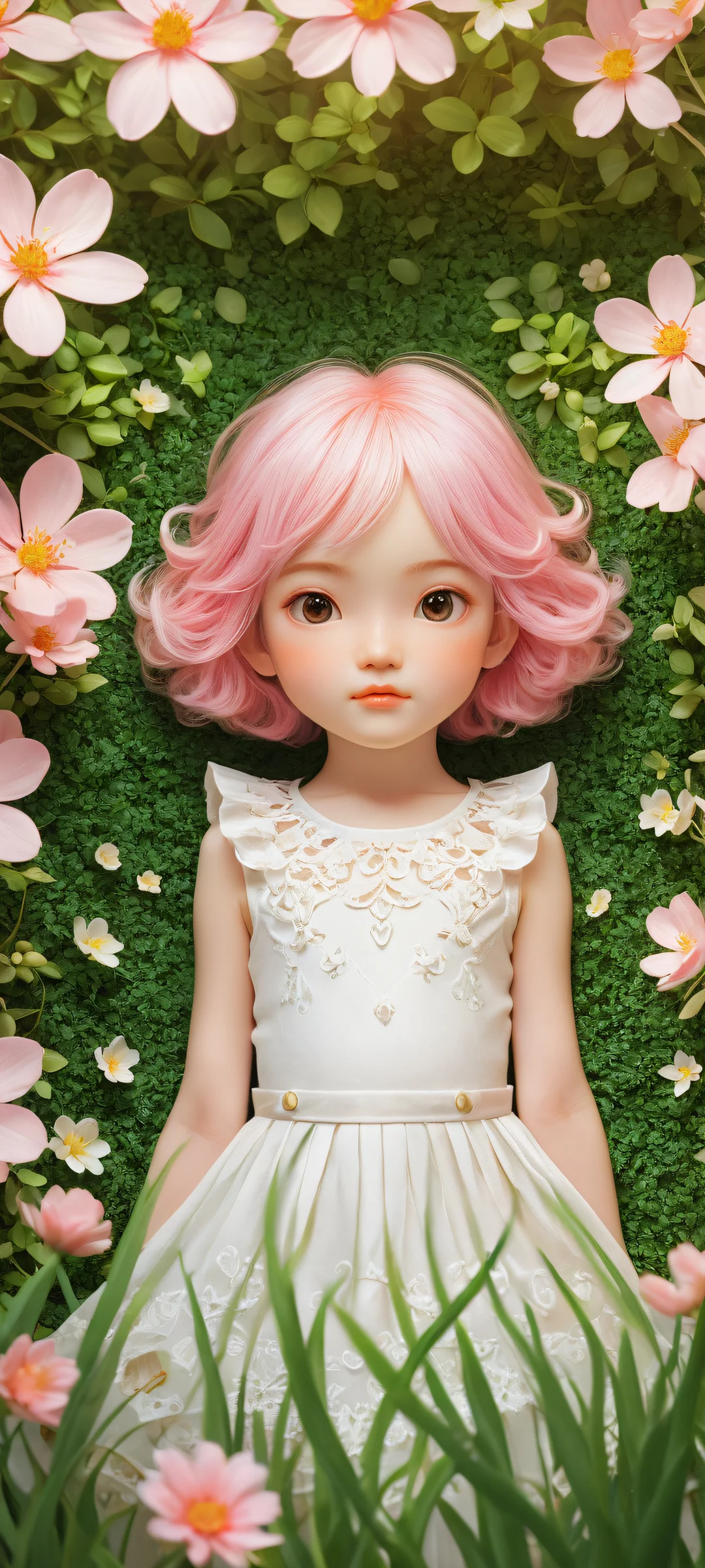 A group of adorable chibi girls with animal ears surrounded by lush greenery and a serene tree background, perfekt optimiert für iPhone- und Android-Startbildschirme.