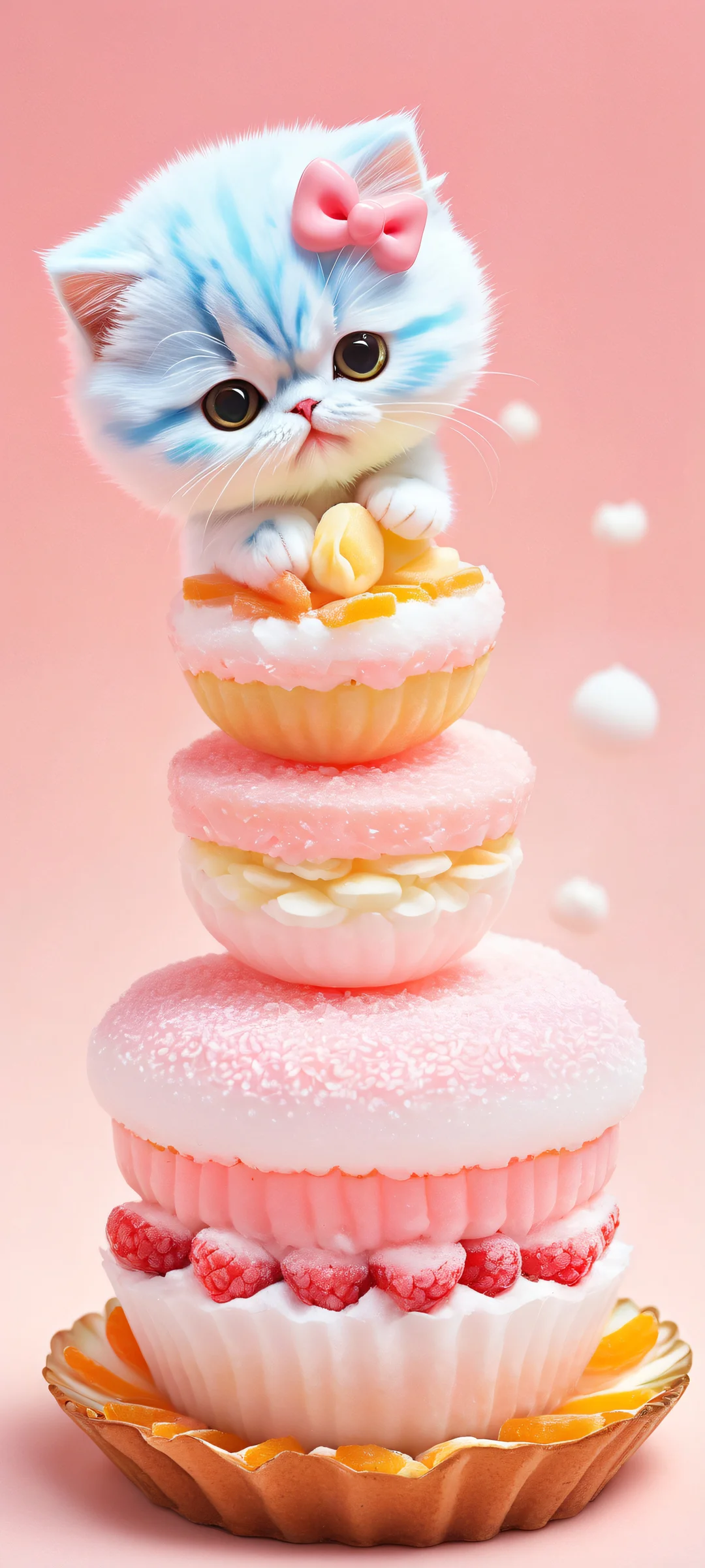 Adorable Chibi Kitten surrounded by Japanese sweets and snacks on a serene, pure white background, iPhone/Androidのホーム画面に最適.