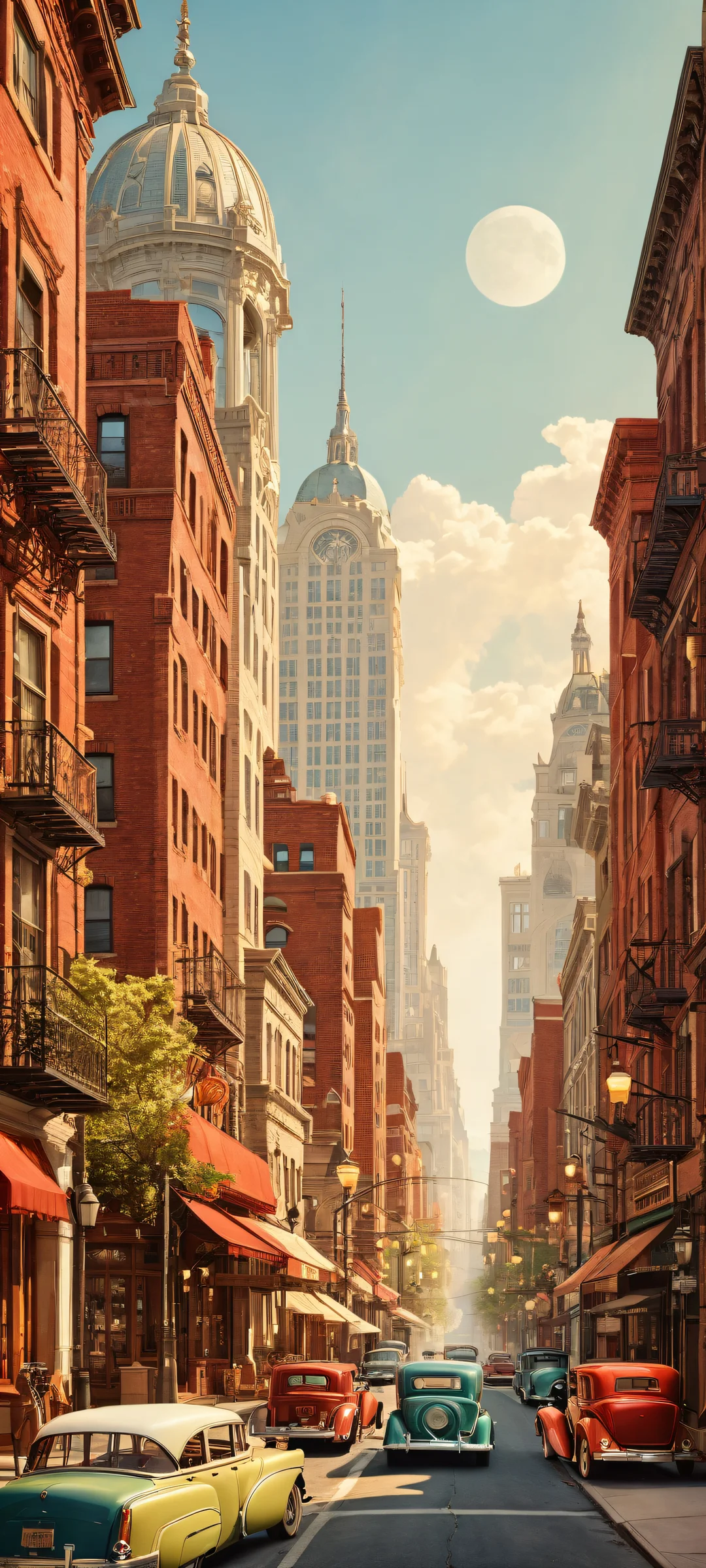 A whimsical illustration of a 1920s-inspired cityscape, perfectly optimized for iPhone and Android home screens. Features vintage cars, street lamps, and ornate architecture.