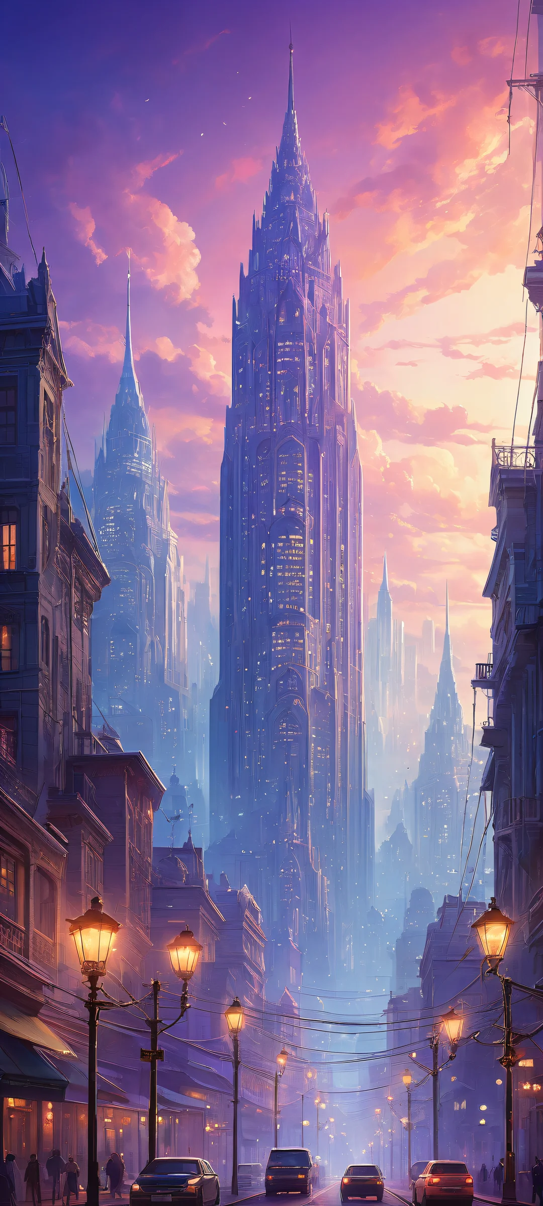 iPhone/Android wallpaper featuring a breathtaking vertical portrait artwork of a whimsical cityscape with intricate micro-details and ethereal lighting.