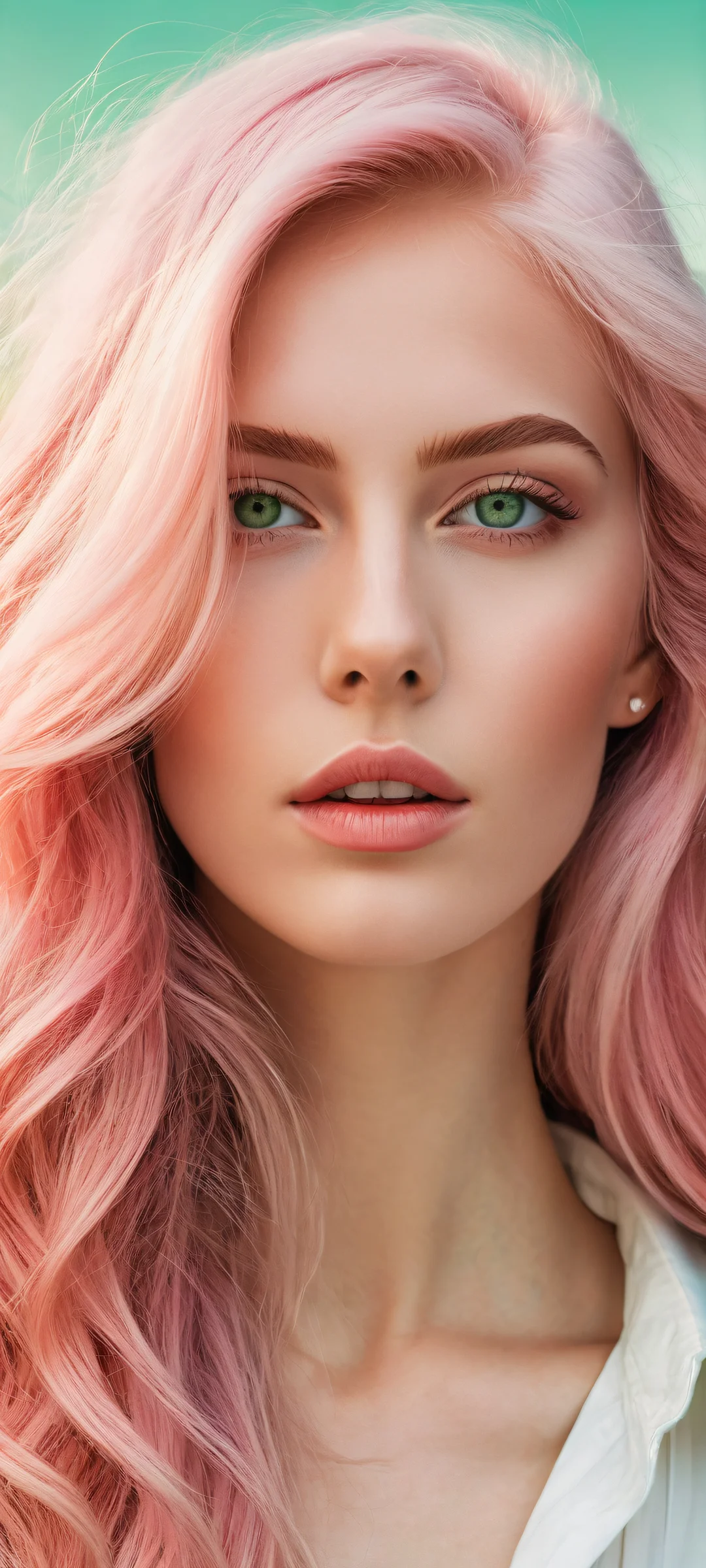 Whimsical Cowboy Sunset Lock Screen for iOS & Android A young woman with perfect features invites you to gaze deeper into her green eyes and long pink hair, set against a serene cowboy-inspired landscape on your iPhone or Android.