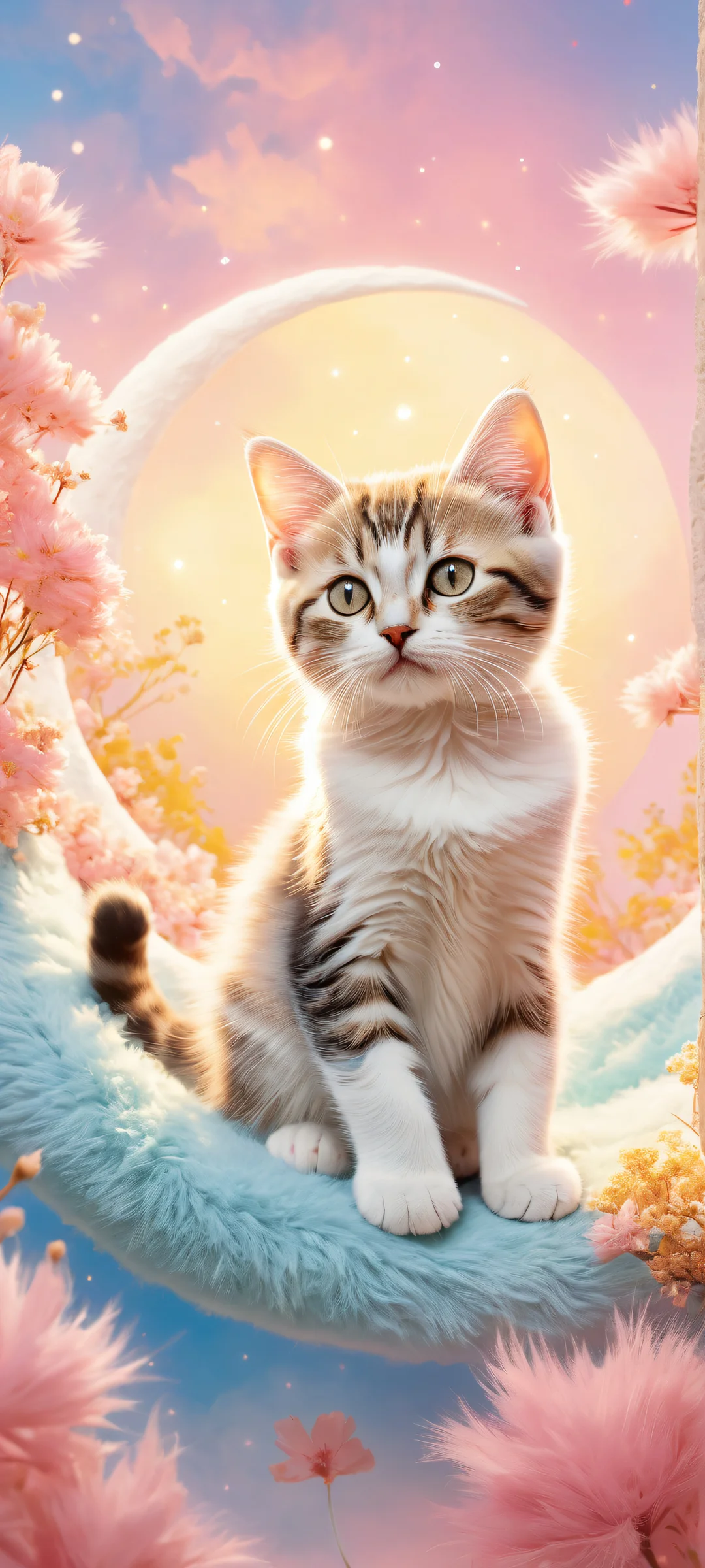 Featureless kitten with crescent moon shape inside its soft fluffy body and gold dusted shooting stars, surrounded by bold vibrant colors. Perfect for iPhone/Android home screens.