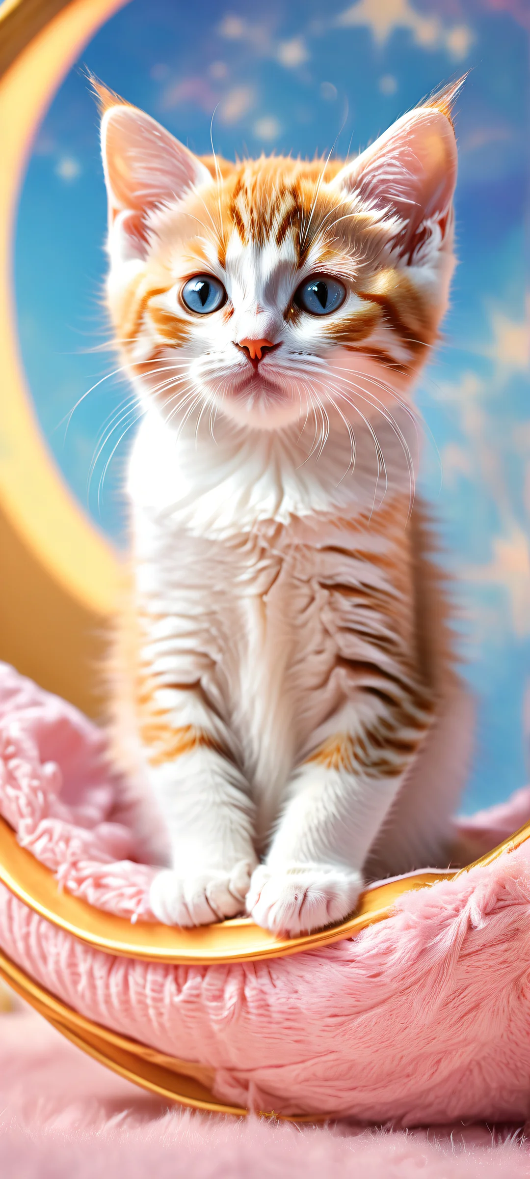A featureless kitten surrounded by dreamy bokeh colorful paints, crescent moon, white fluffy clouds, and gold dusted shooting stars on iPhone/Android wallpaper.