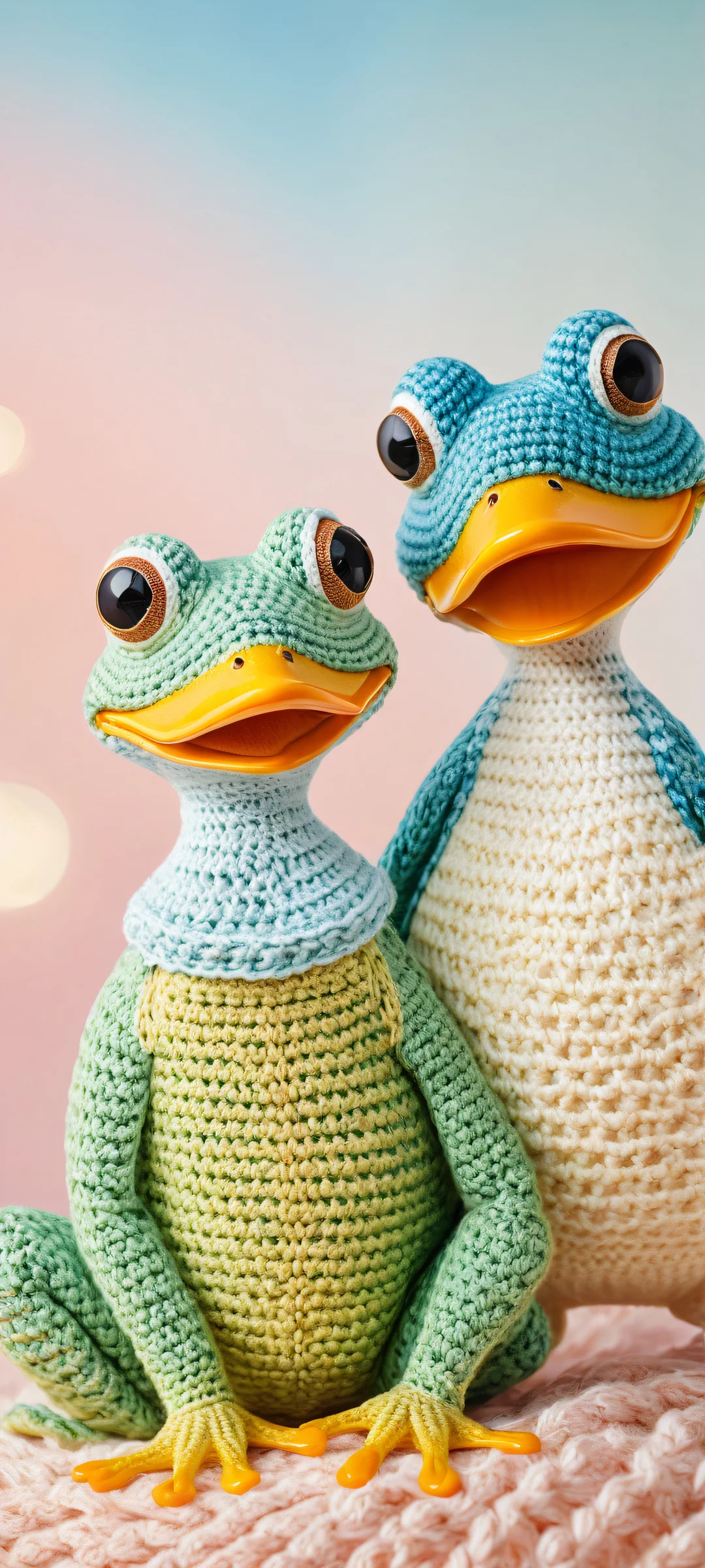 A serene scene of a crocheted frog and duck duo placed in the lower-middle, iPhone/Android users will adore this stunning digital art featuring intricate micro-details, perfekt für Home-Bildschirme.