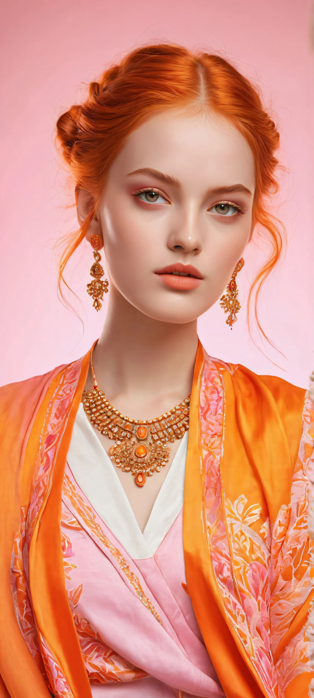 A young girl with bright orange hair stands out against a pure white background on your iPhone or Android phone, her piercing brown eyes framed by a soft pink shirt and vibrant orange-yellow skirt with a wb-print pattern.