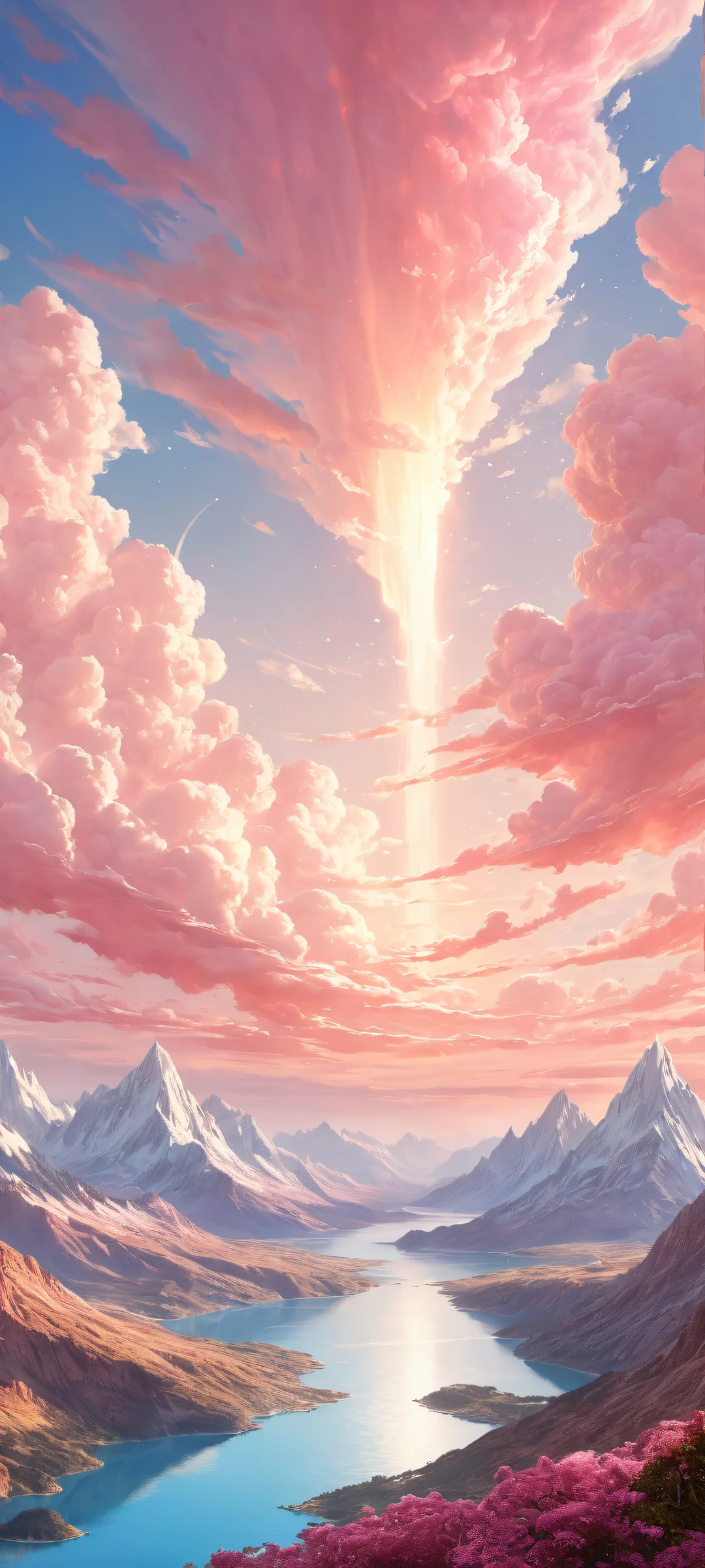 A stunning vertical portrait artwork of Kuten against a backdrop of swirling clouds and radiant particles. Perfect for iPhone/Android home screens.