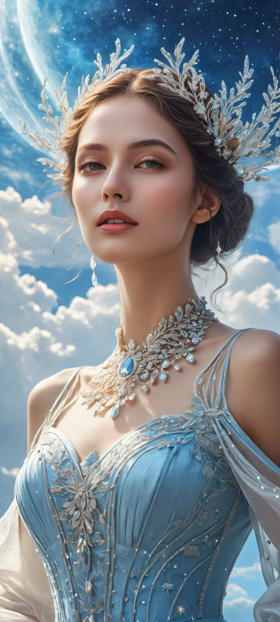 Ethereal artwork of Whimsical Dreamscapes on iPhone/Android phone background, featuring a mystical world with swirling clouds and starry skies.