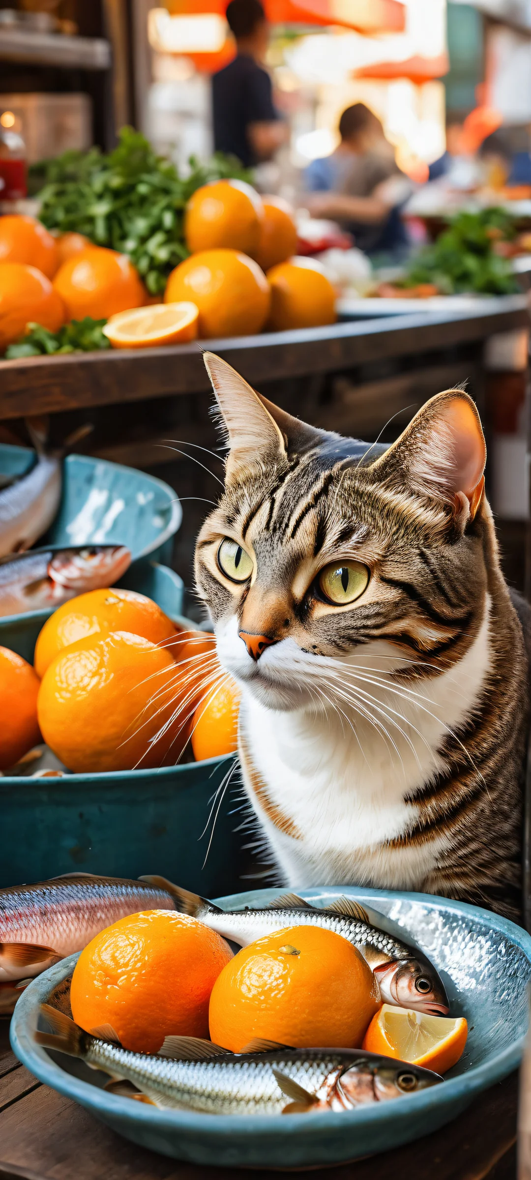 A young tabby cat embracing a shiny fish amidst a bustling Dutch street market scene. Perfectly optimized for iPhone and Android home screens.
