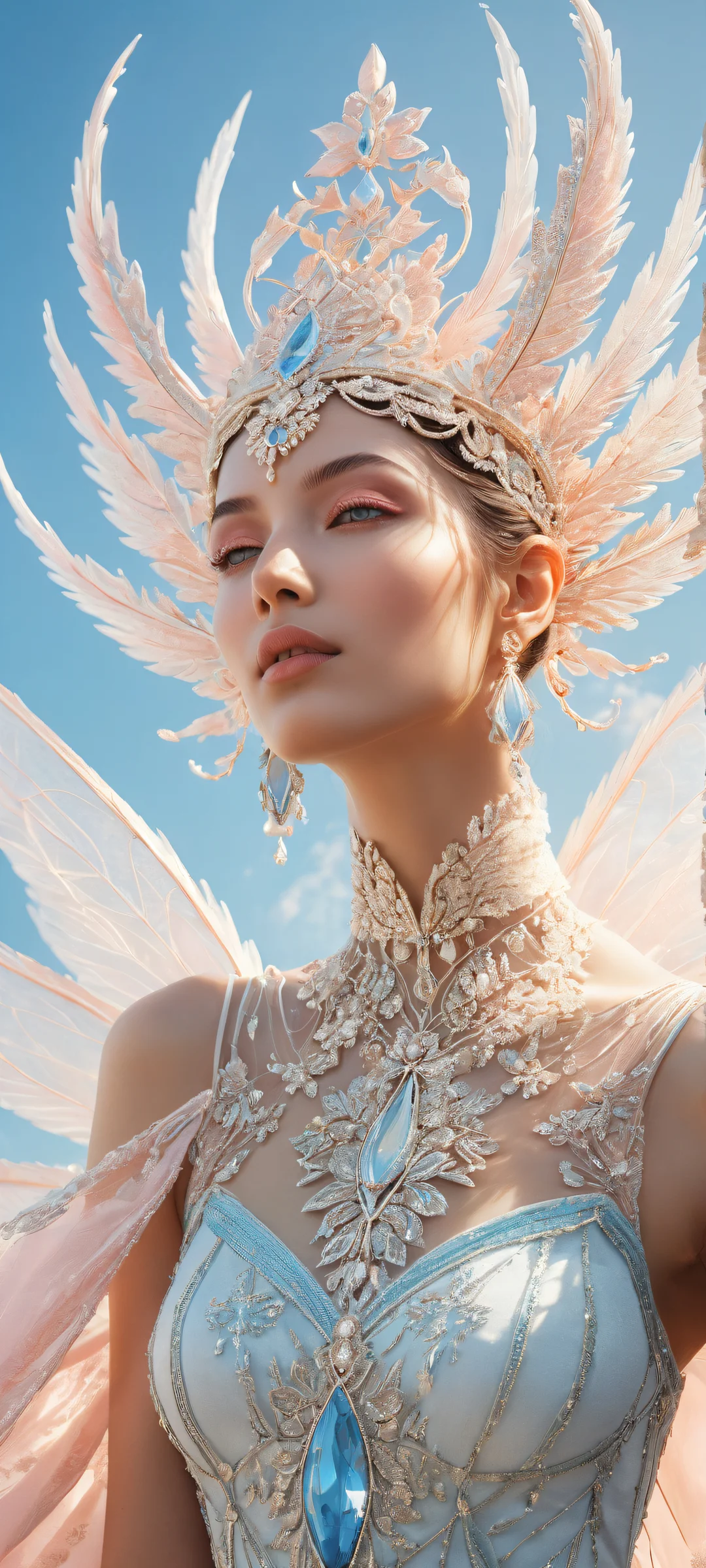 A serene iPhone/Android wallpaper featuring an ethereal figure against a clean, pure void backdrop with intricate micro-details, radiant colors and ray-traced reflections.