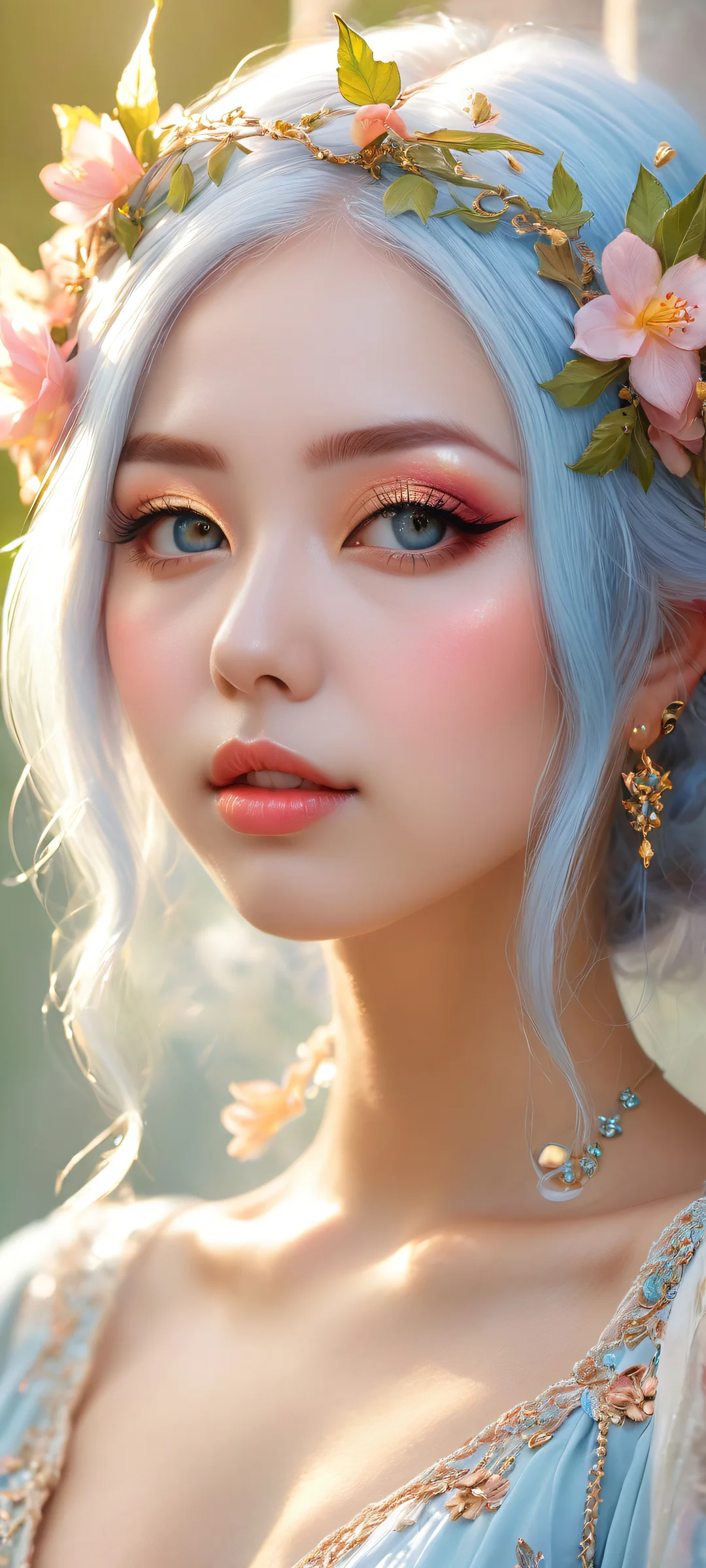 Beautiful Kawaii Woman with intricate fantasy elf attire and accessories on a clean background, iPhone/Androidのホーム画面に完全に最適化.