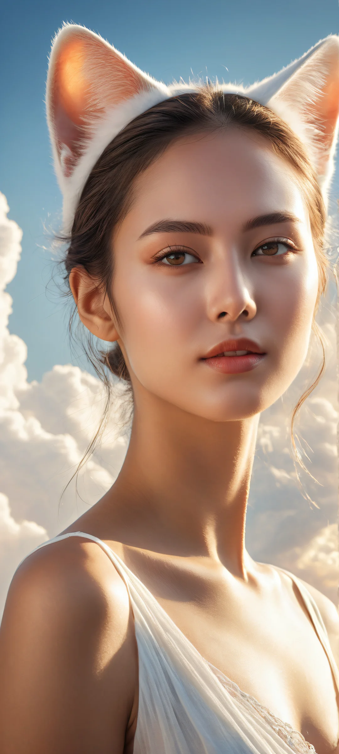 Ethereal Goddess Lock Screen for iOS & Androidund Androidperfekt optimiert für das iPhoney A whimsical artwork of a petite woman with cat ears and tail, perfectly optimized for iPhone, Samsung Galaxy, and Android home screens.