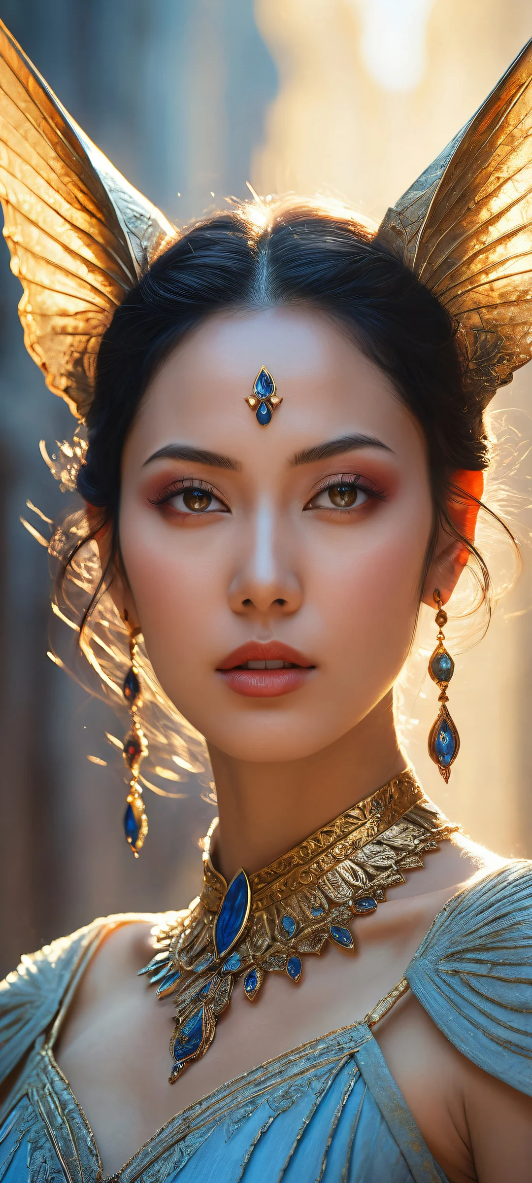 A fantasy girl with pointy ears and black hair sits in the lower-middle of a breathtaking vertical portrait artwork, perfectly optimized for iPhone, Samsung Galaxy, and Android home screens.