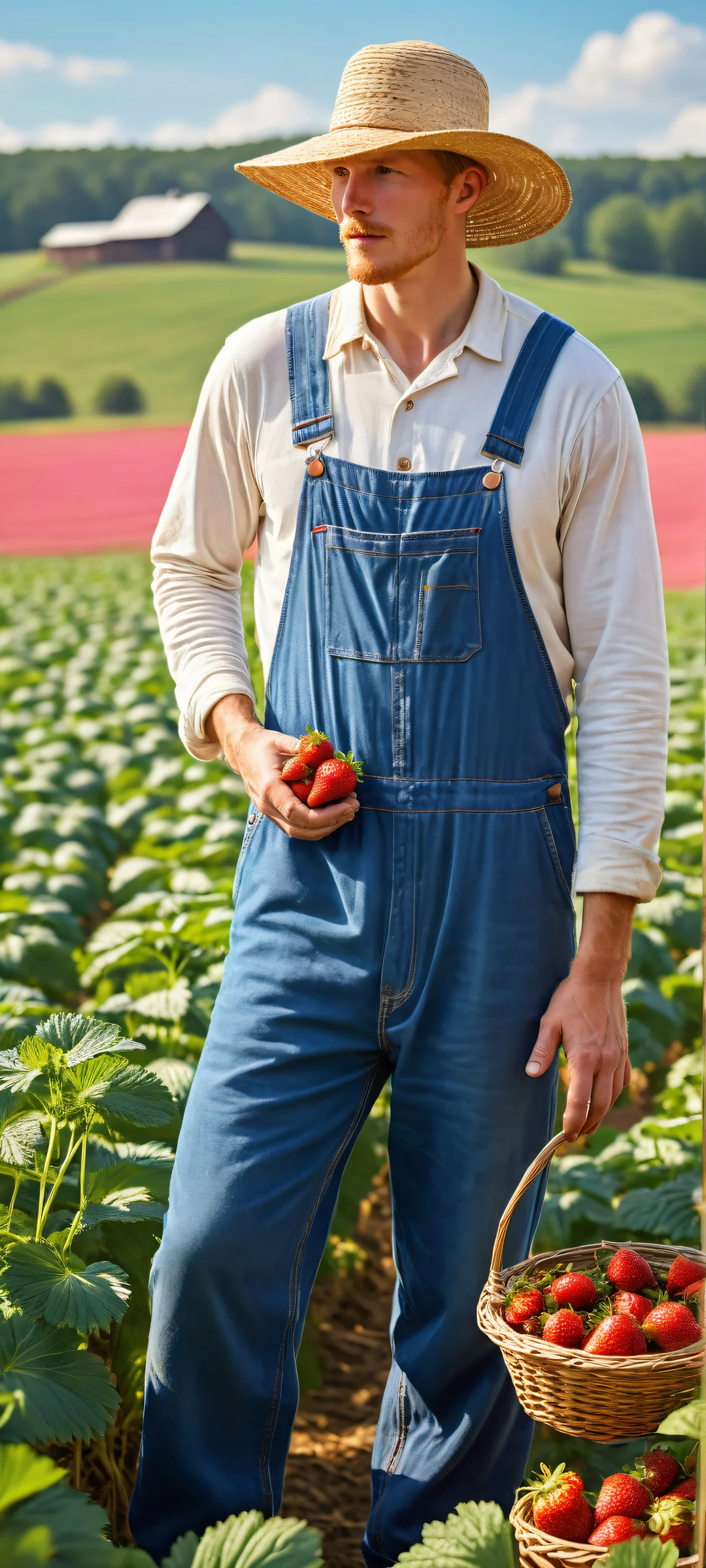 iPhone and Android users alike will delight in this stunning farm-themed artwork featuring a cow-sized strawberry, orange, and blueberry, with intricate micro-details of a farmer at work.