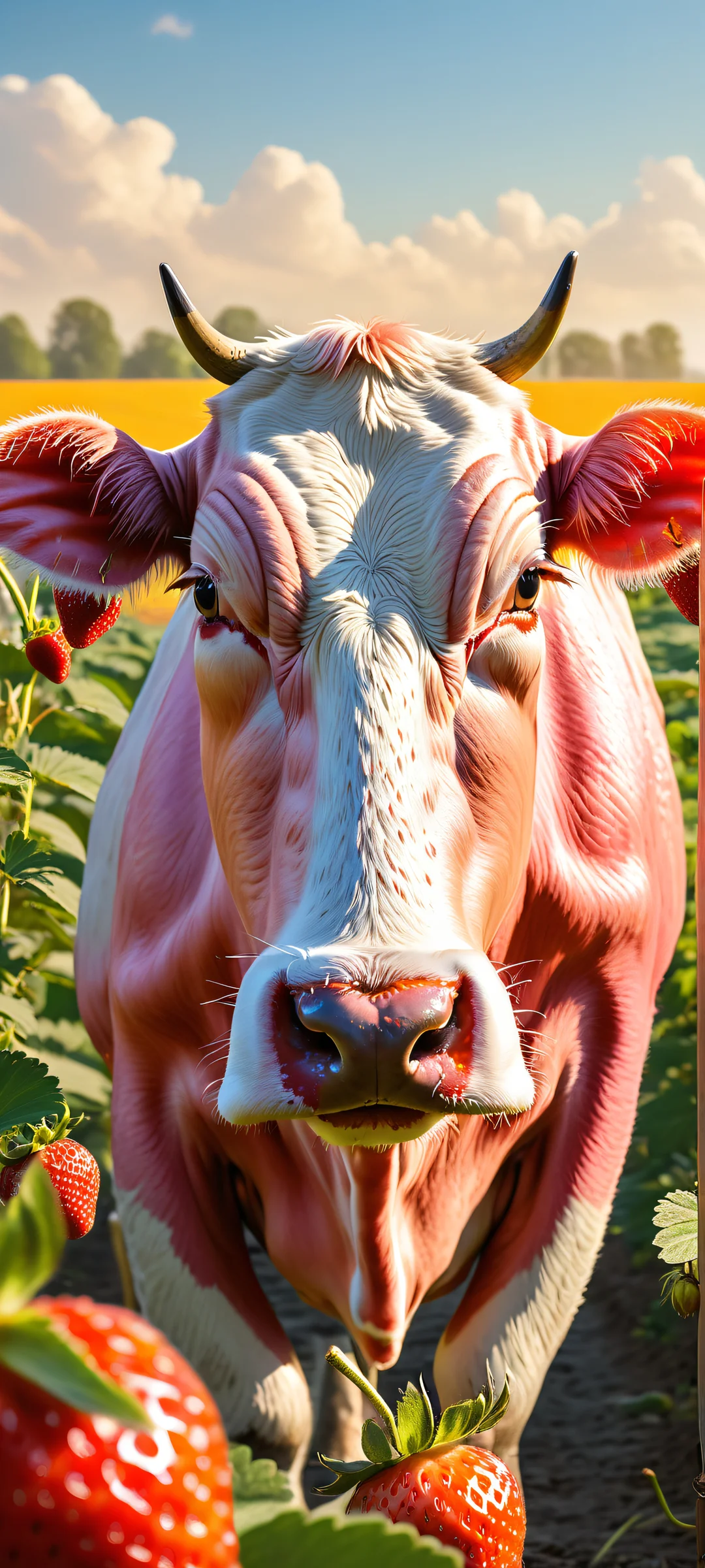 A beautiful farm scene featuring a cow-sized strawberry, orange, and blueberry trio getting milked by a hardworking farmer, perfeitamente otimizado para iPhone, Galáxia Samsung, e telas iniciais do Android.