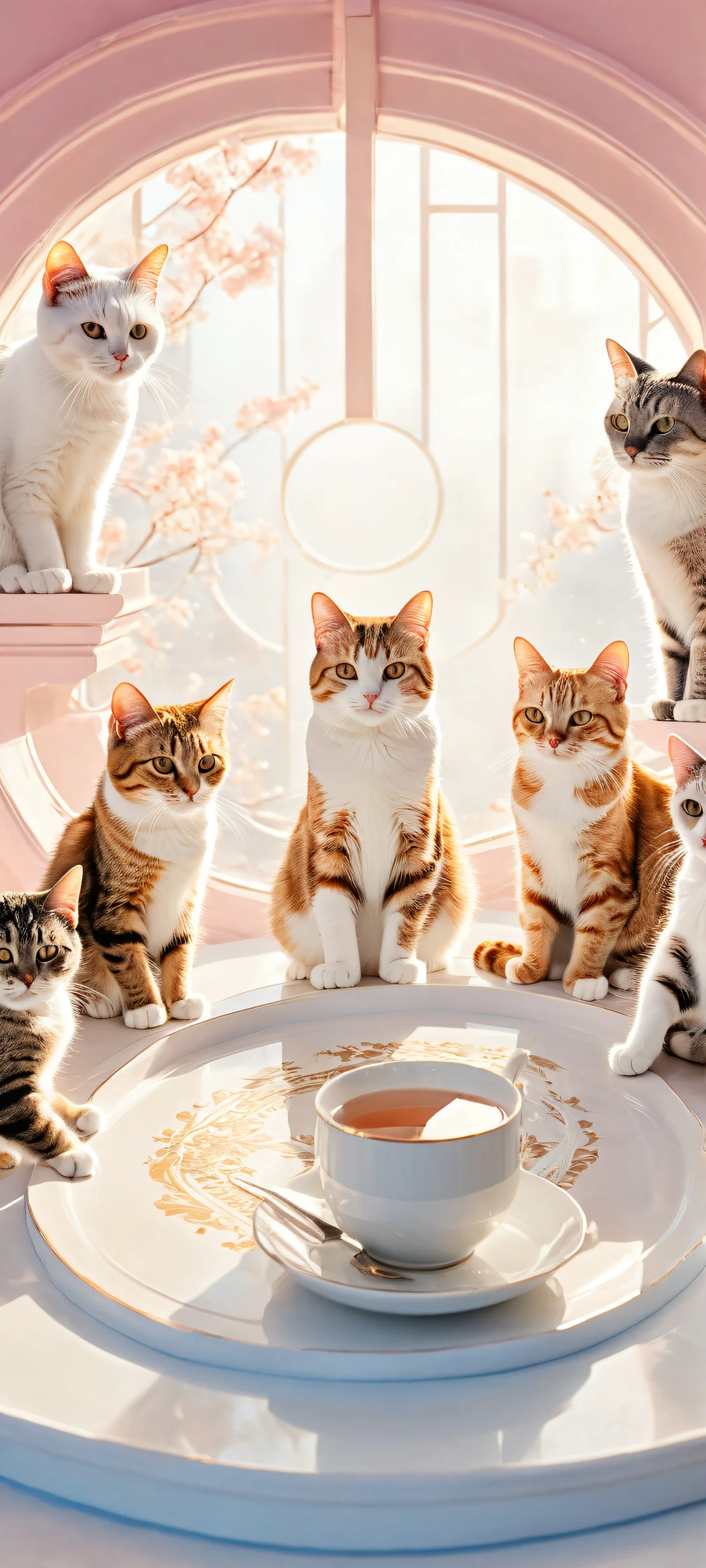 Seven cats gathered around a mystical cat, Yukichi, brewing tea in an otherworldly setting. iPhone や Android のホーム画面に最適.