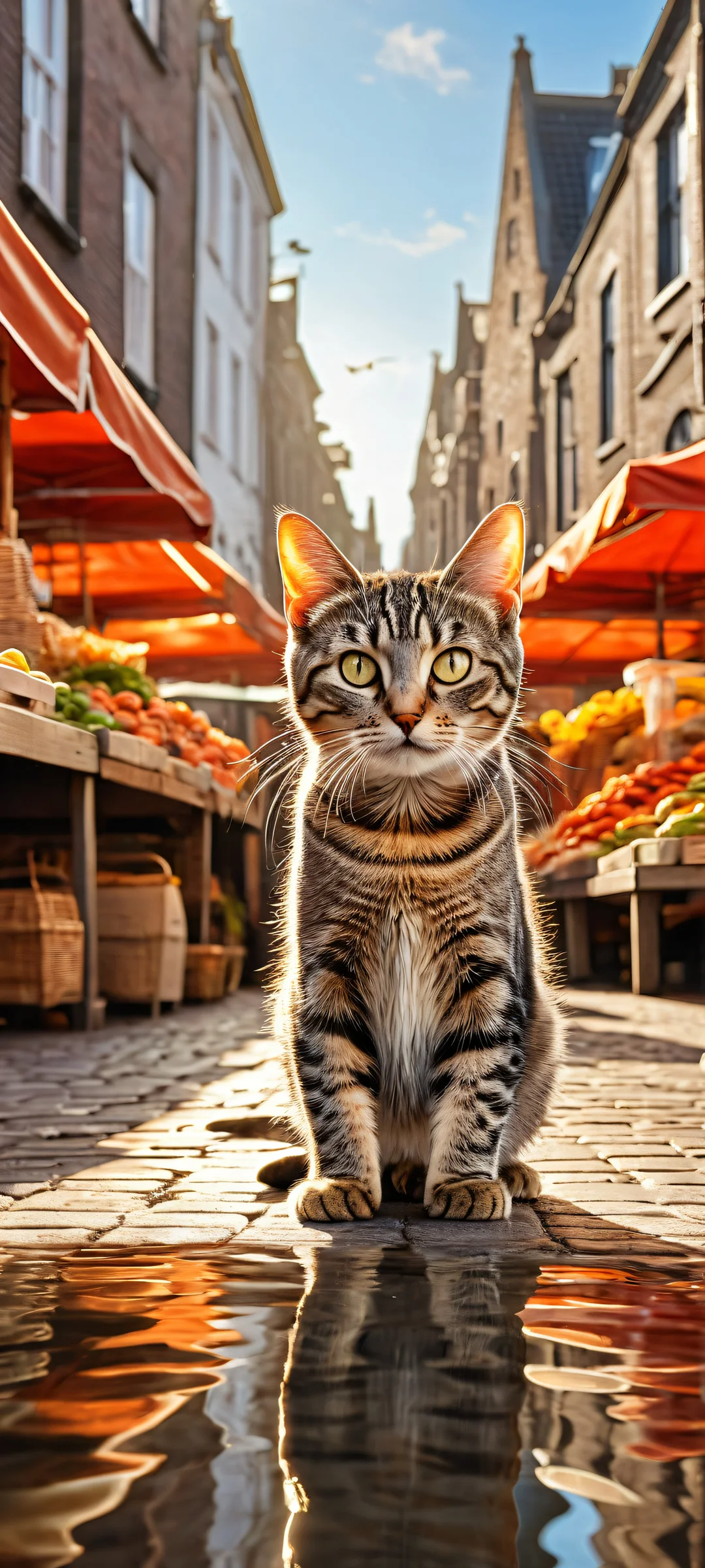 A young tabby cat runs with a shiny fish on its legs while standing against a Dutch street market scene, iPhone/Android