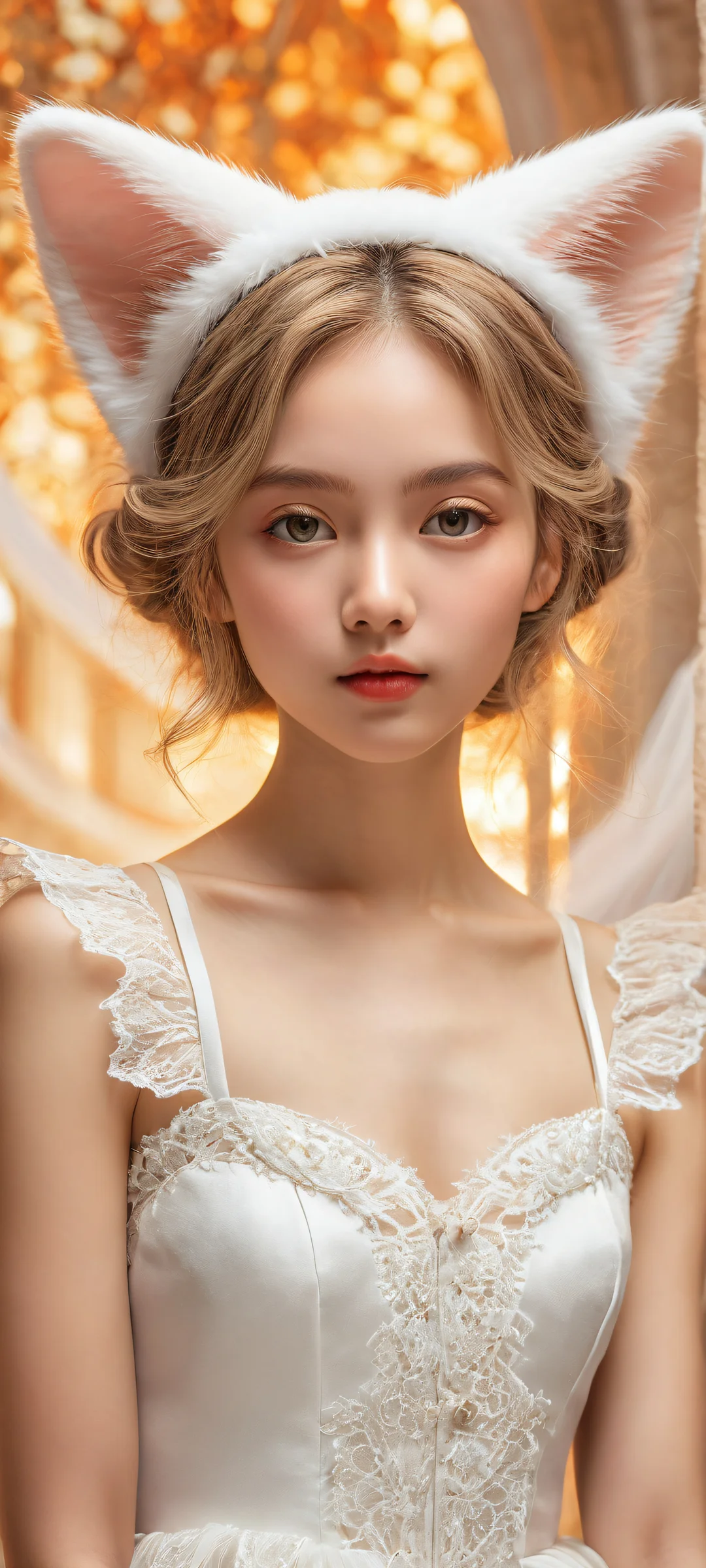 Adorable cat-eared girl surrounded by soft textures and ethereal lighting, perfect for iPhone/Android home screens.