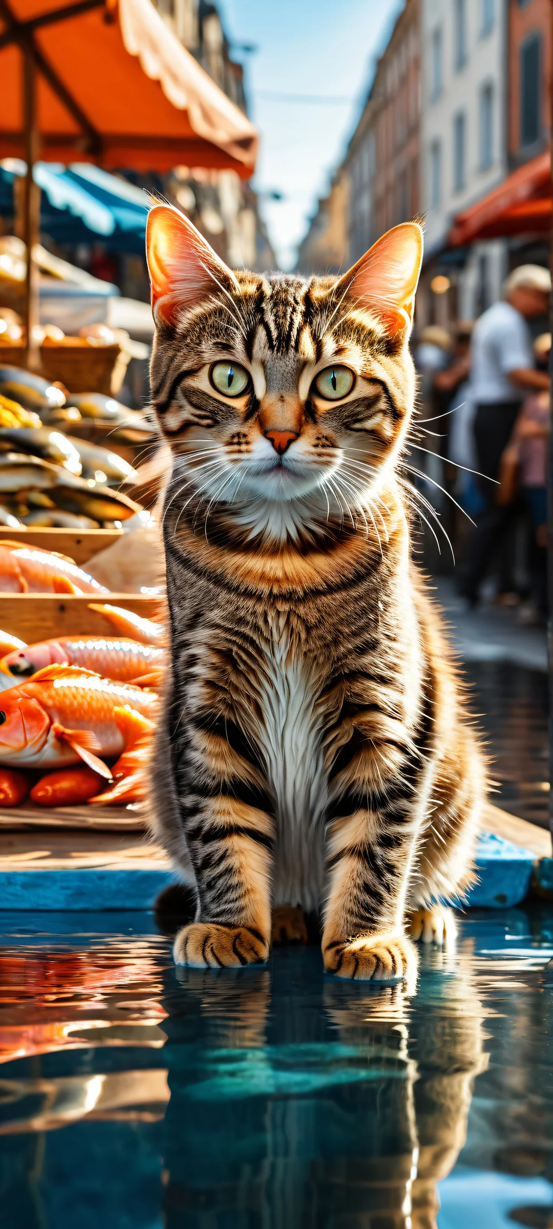 A curious tabby cat hugs a shiny fish amidst a bustling Dutch market scene on an iPhone or Android device.