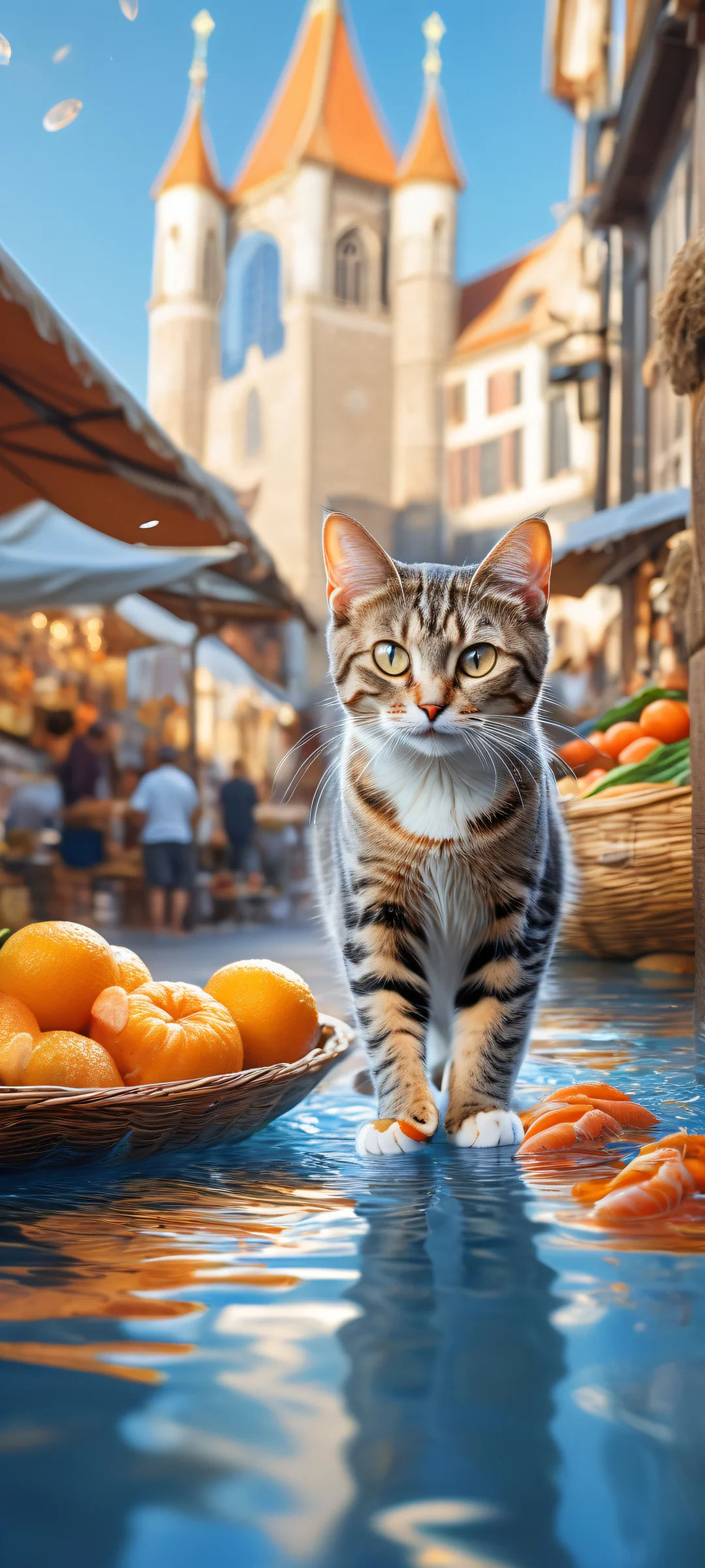 A young tabby cat running on two legs while holding a shiny fish, amidst a bustling Dutch street market scene with fresh fishes and vibrant colors.