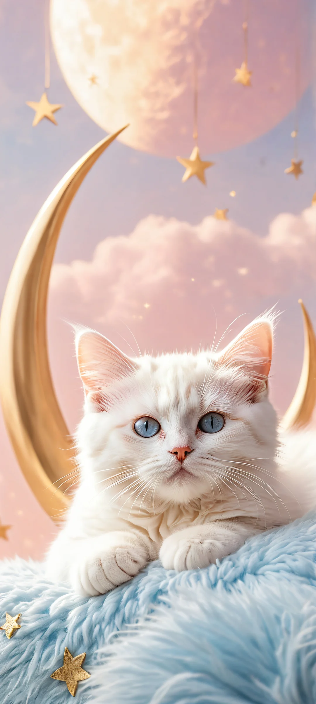 A serene featureless kitten rests peacefully amidst a stunning crescent moon, clouds, and shooting stars on an empty pure void background, perfectly optimized for iPhone, Samsung Galaxy, and Android home screens.