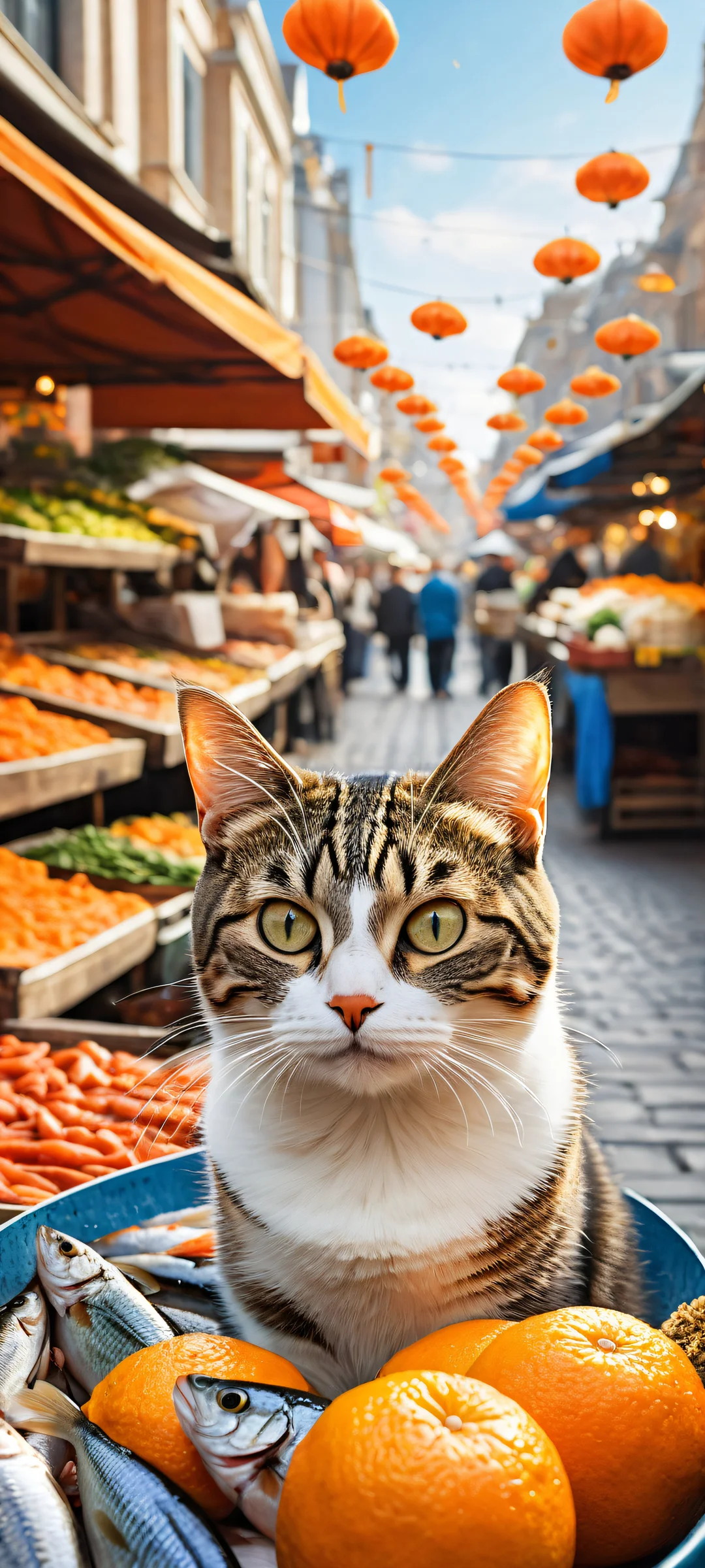 A beautiful young tabby cat peers out from a bustling Dutch street market scene, featuring vibrant oranges and blues. iPhone/Androidのホーム画面に最適.