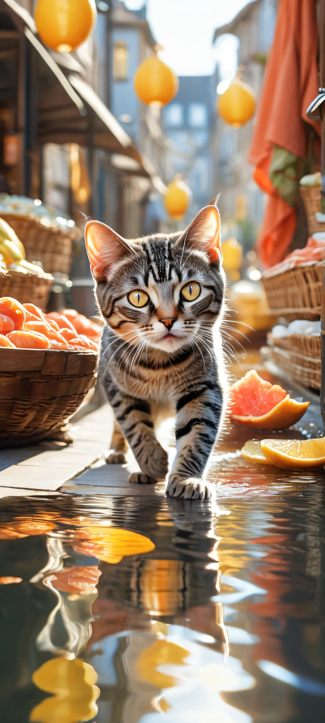 A stunning portrait of a determined tabby cat hugging a silver fish on iPhone and Android devices.