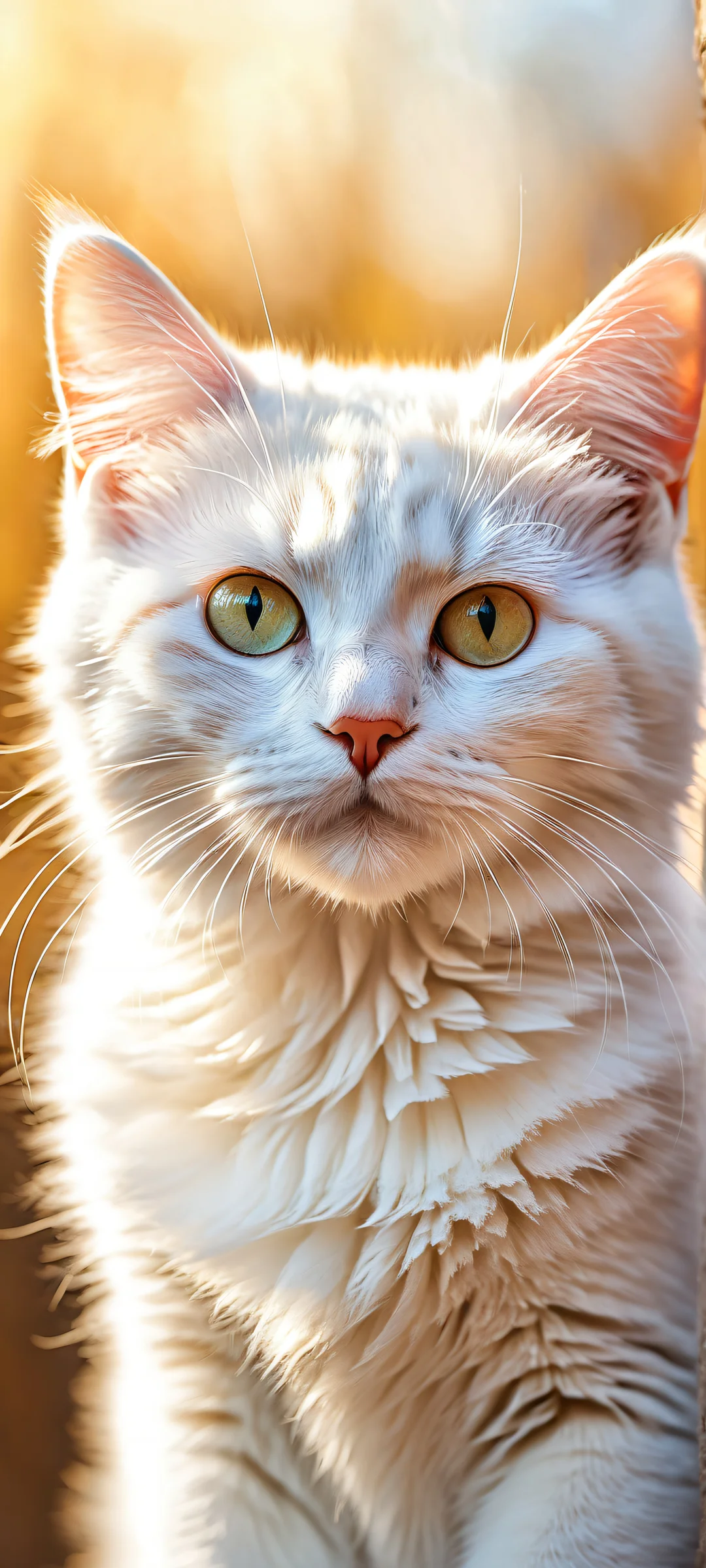 Adorable cat with cat ears and fluffy tail on a serene iPhone/Android background with gradient-filled sky and intricate micro-details.