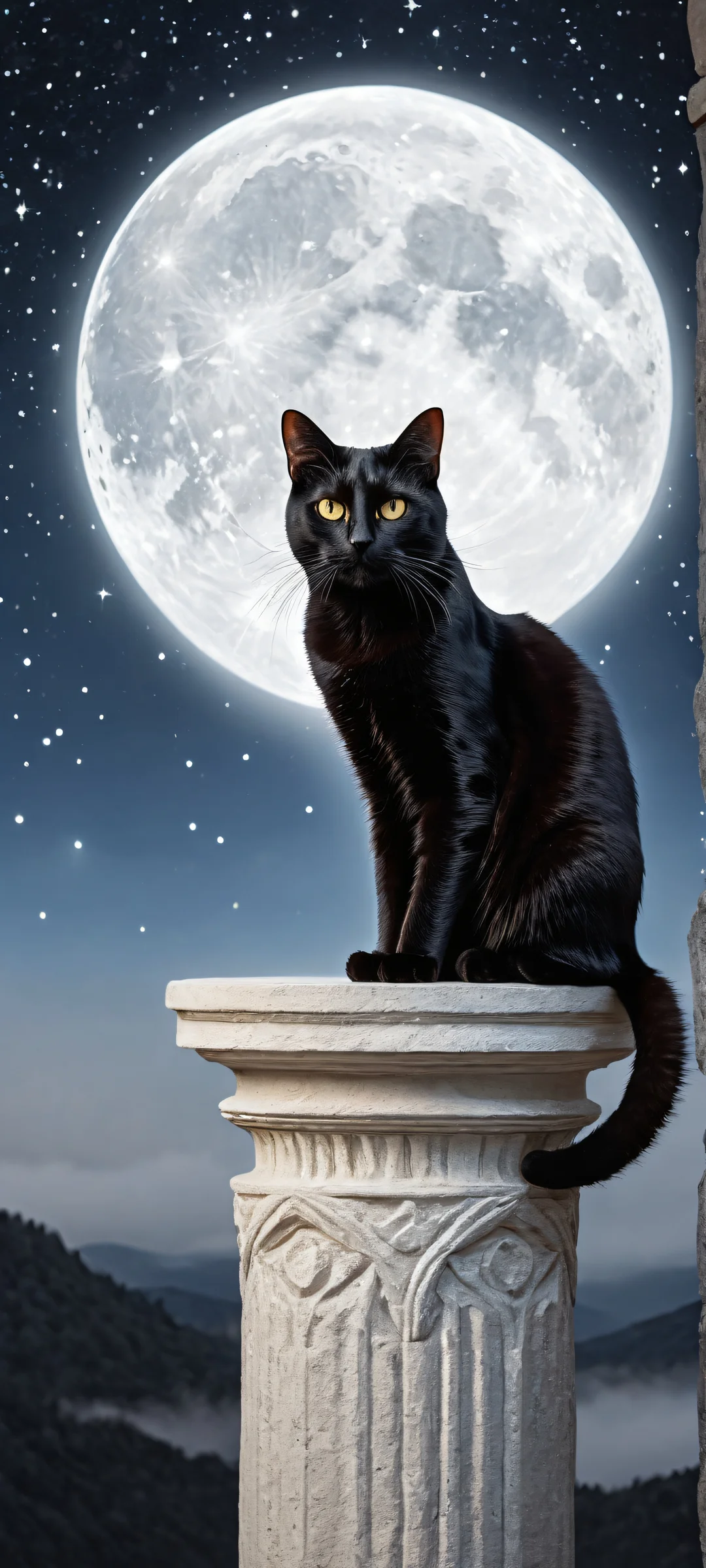 A majestic black cat with glowing eyes stands on a textured pedestal amidst a starry night sky, iPhone に完全に最適化, サムスンギャラクシー, と Android のホーム画面.
