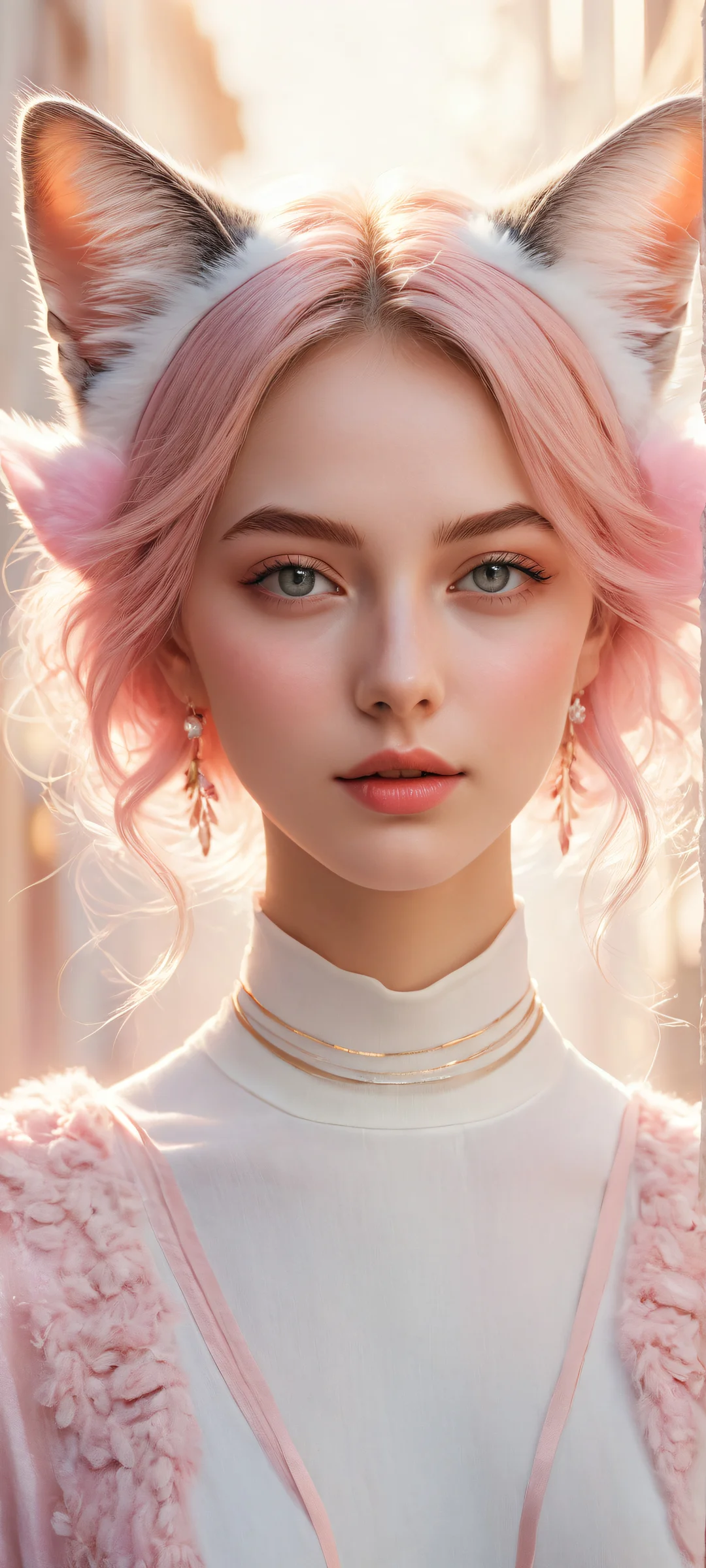 A petite female with cat ears and a fluffy tail placed in the lower-middle, perfectly clean top half for iPhone/Android home screens.