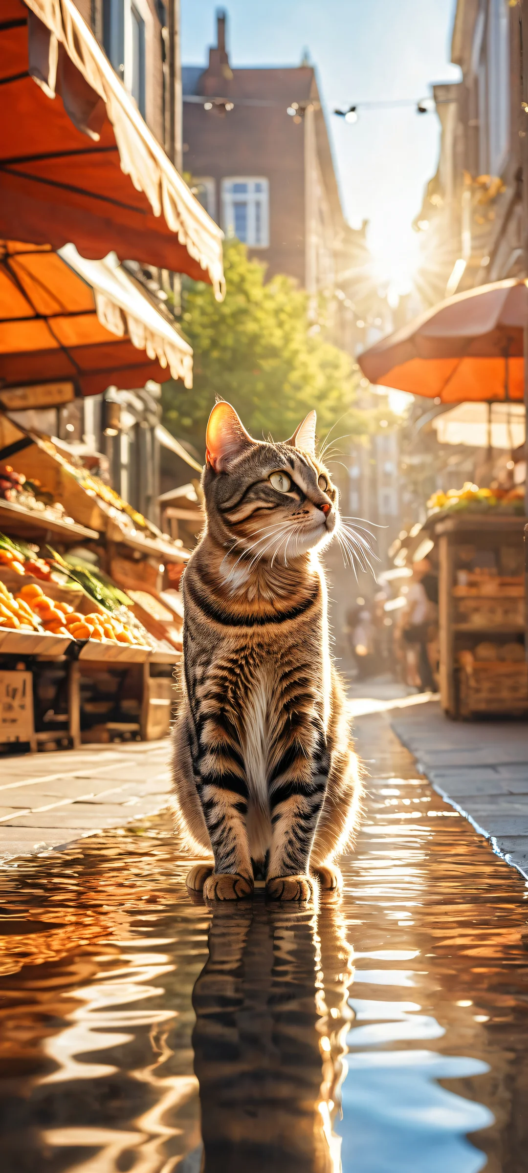 A playful tabby cat, iPhone/Android in hand, chases a shiny fish through a bustling Dutch street market scene.