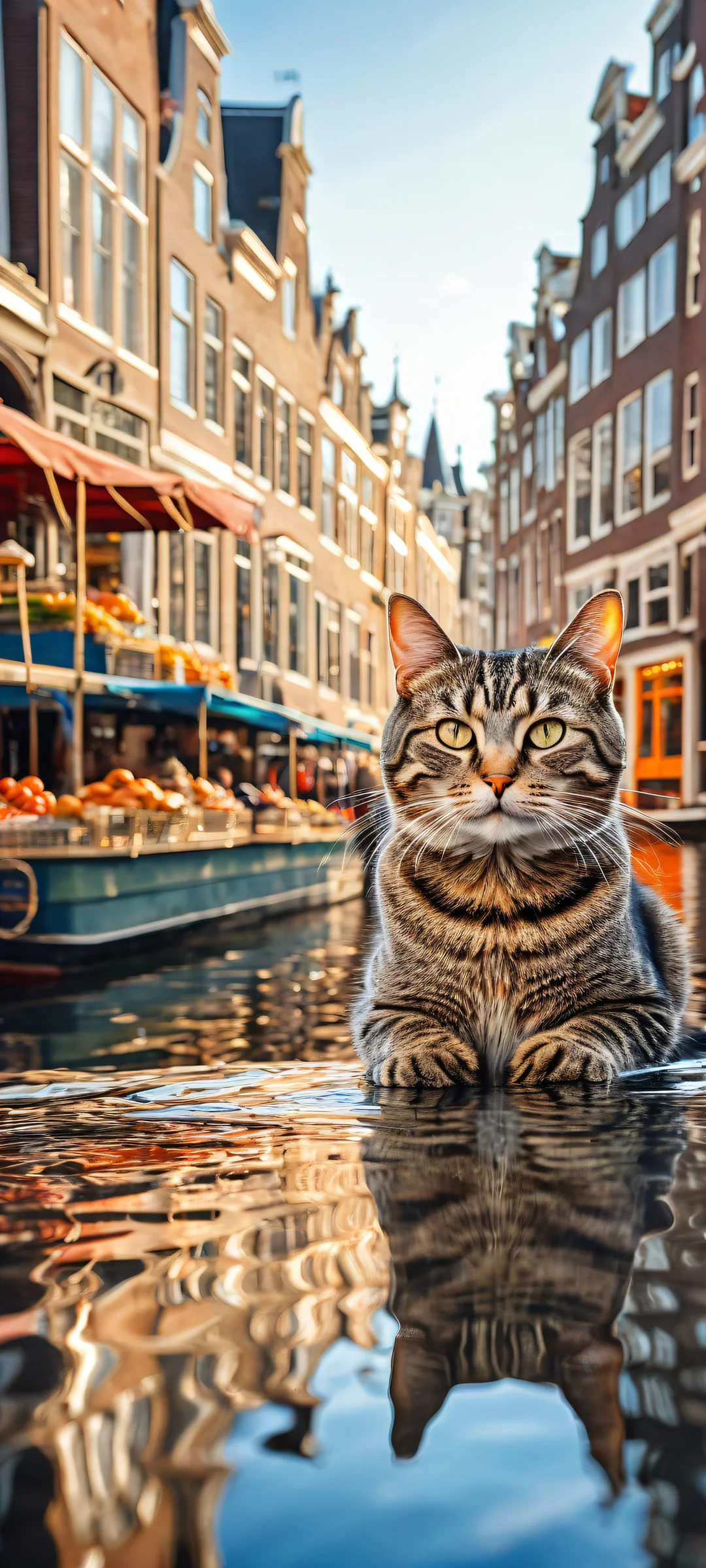 A curious young tabby cat hugs a shiny silver fish amidst the bustle of Amsterdam's Dutch street market, perfectly optimized for iPhone and Android home screens.