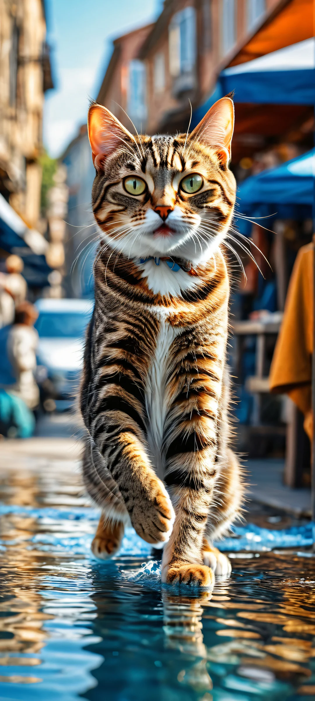 A tabby cat holding a silver fish on iPhone/Android home screen wallpaper with whimsical Dutch market scene in the background.