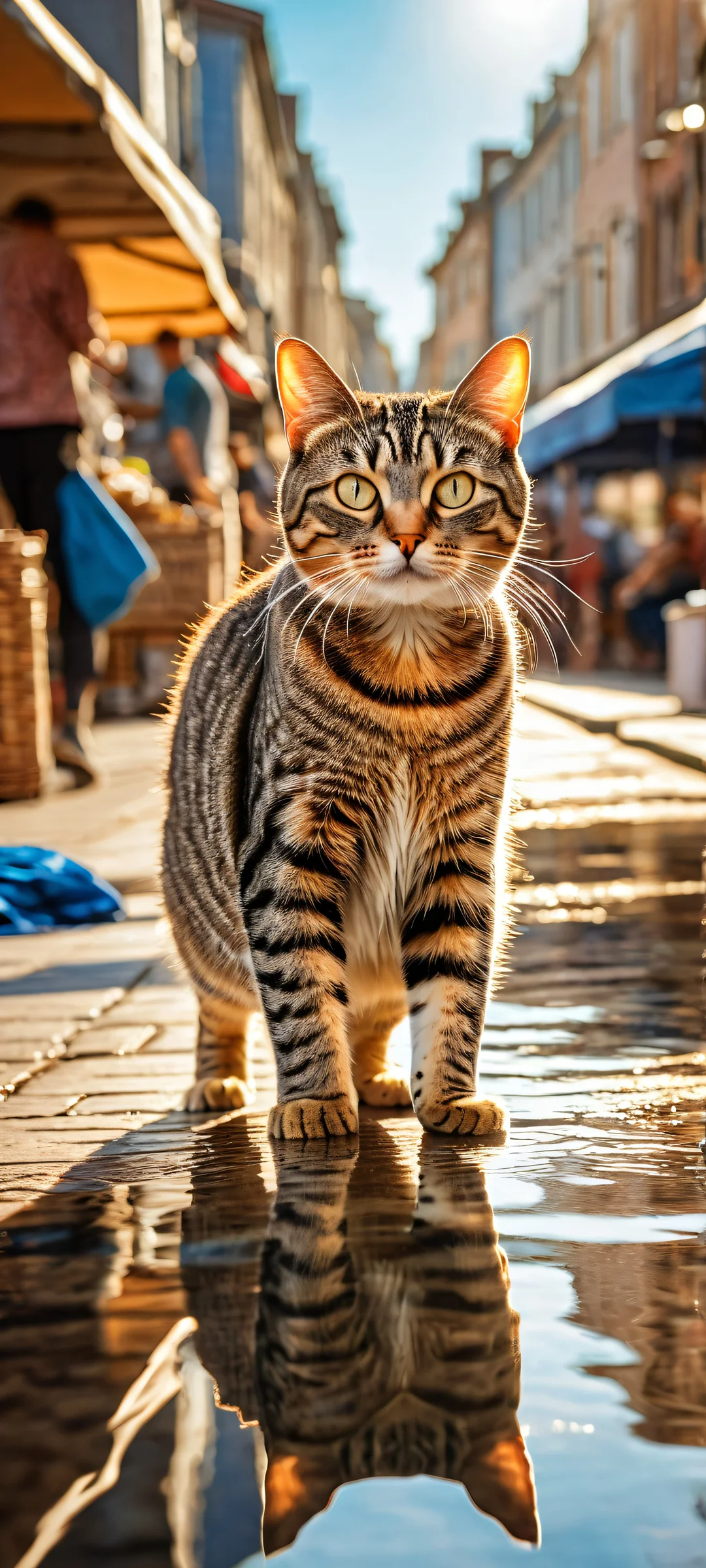 A playful cat hugs a fish on two legs with determination and wide eyes, set against a bustling Dutch market scene with vibrant colors and reflections. Perfekt für iPhone-/Android-Startbildschirme.