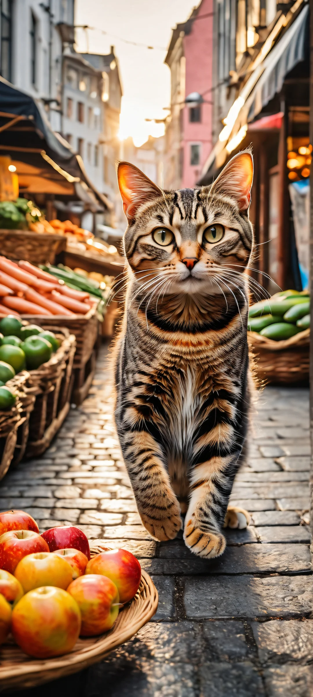 A curious tabby cat hugging a shiny fish on two legs, set against a clean void background with a bustling Dutch street market below. Suitable for iPhone and Android home screens.