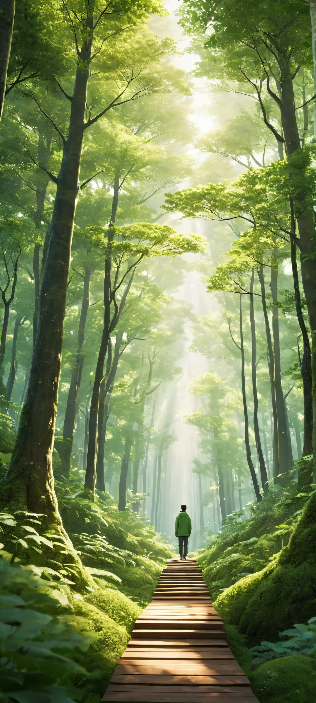 A serene forest scene featuring Toro Inoue's character at the edge of a winding path, perfekt optimiert für iPhone- und Android-Startbildschirme.