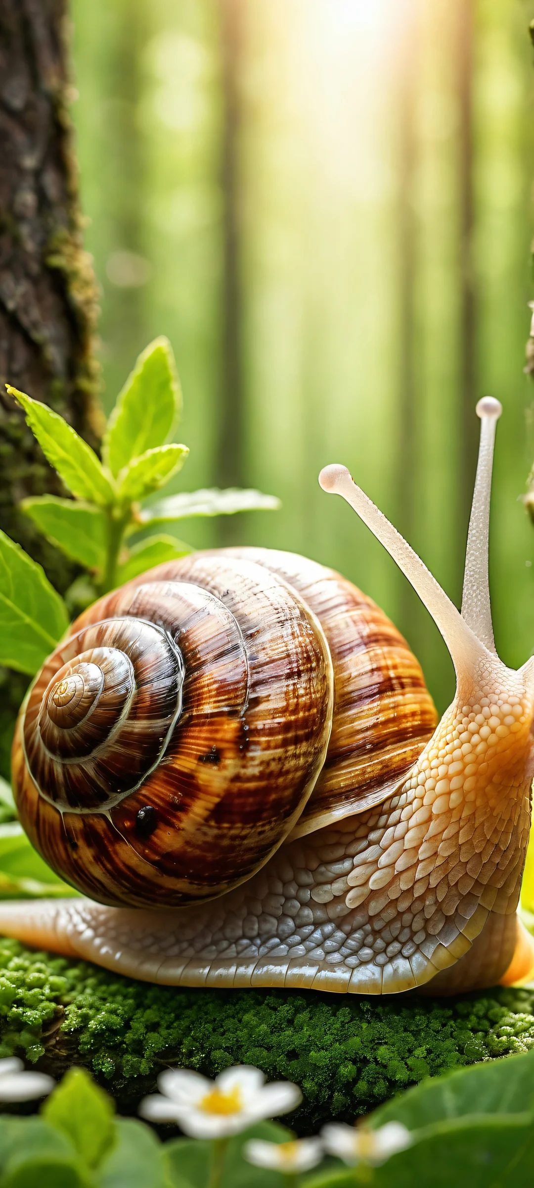 Whimsical Forest Encounter iPhone & Android Wallpaper A playful snail explores a serene forest floor amidst lush greenery and delicate wildflowers, perfectly optimized for iPhone, Samsung Galaxy, and Android home screens.