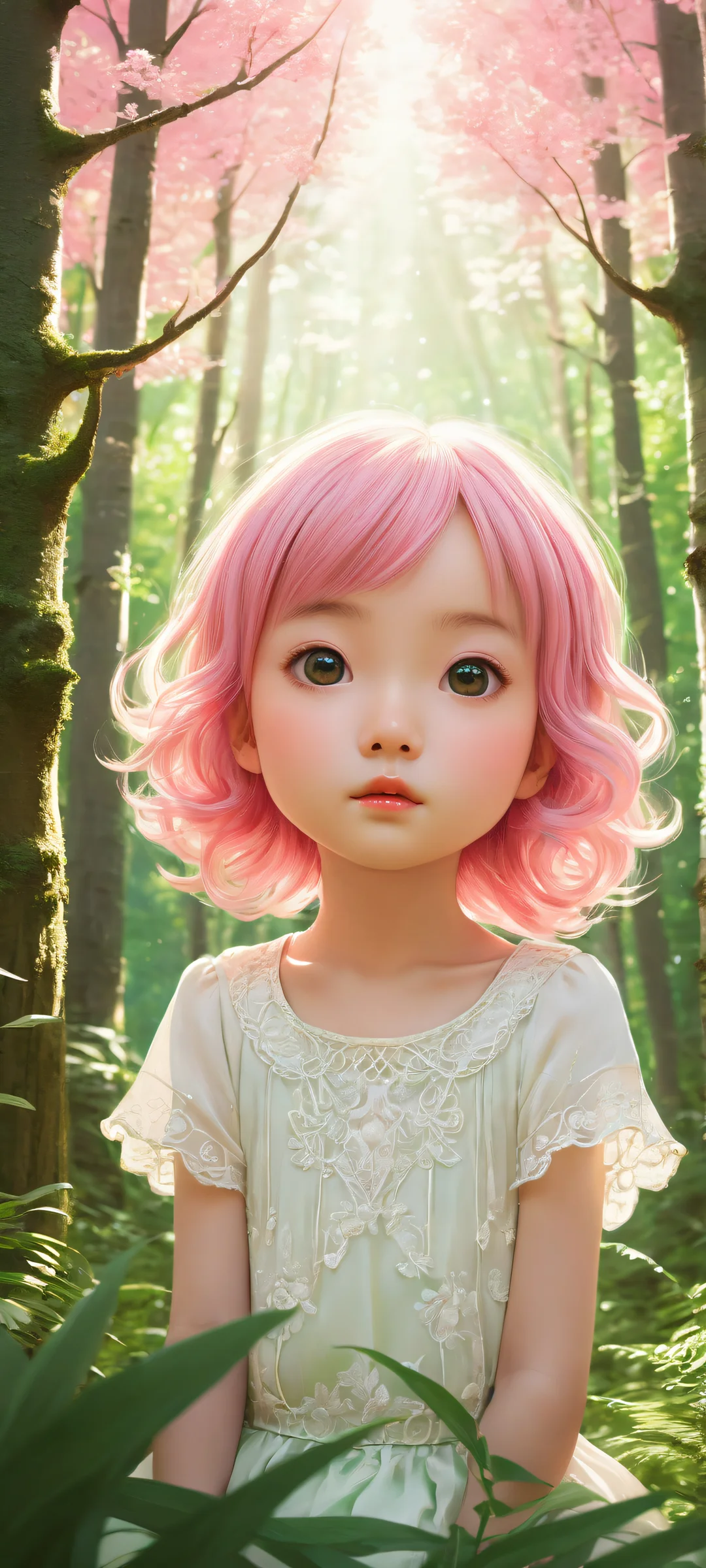 Adorable Chibi Girls in a serene forest scene with animal ears and vibrant pink hair, perfekt optimiert für iPhone- und Android-Startbildschirme.