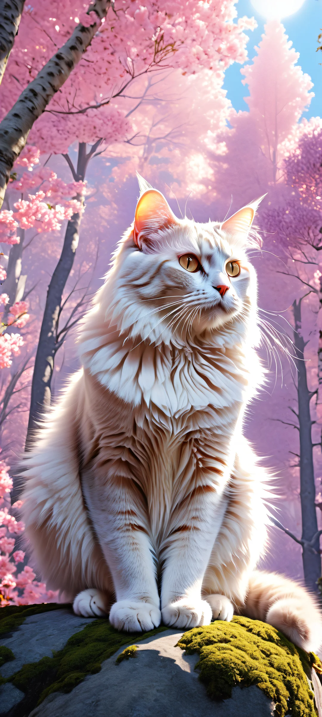 A majestic cat in a whimsical forest scene on your iPhone or Android home screen.