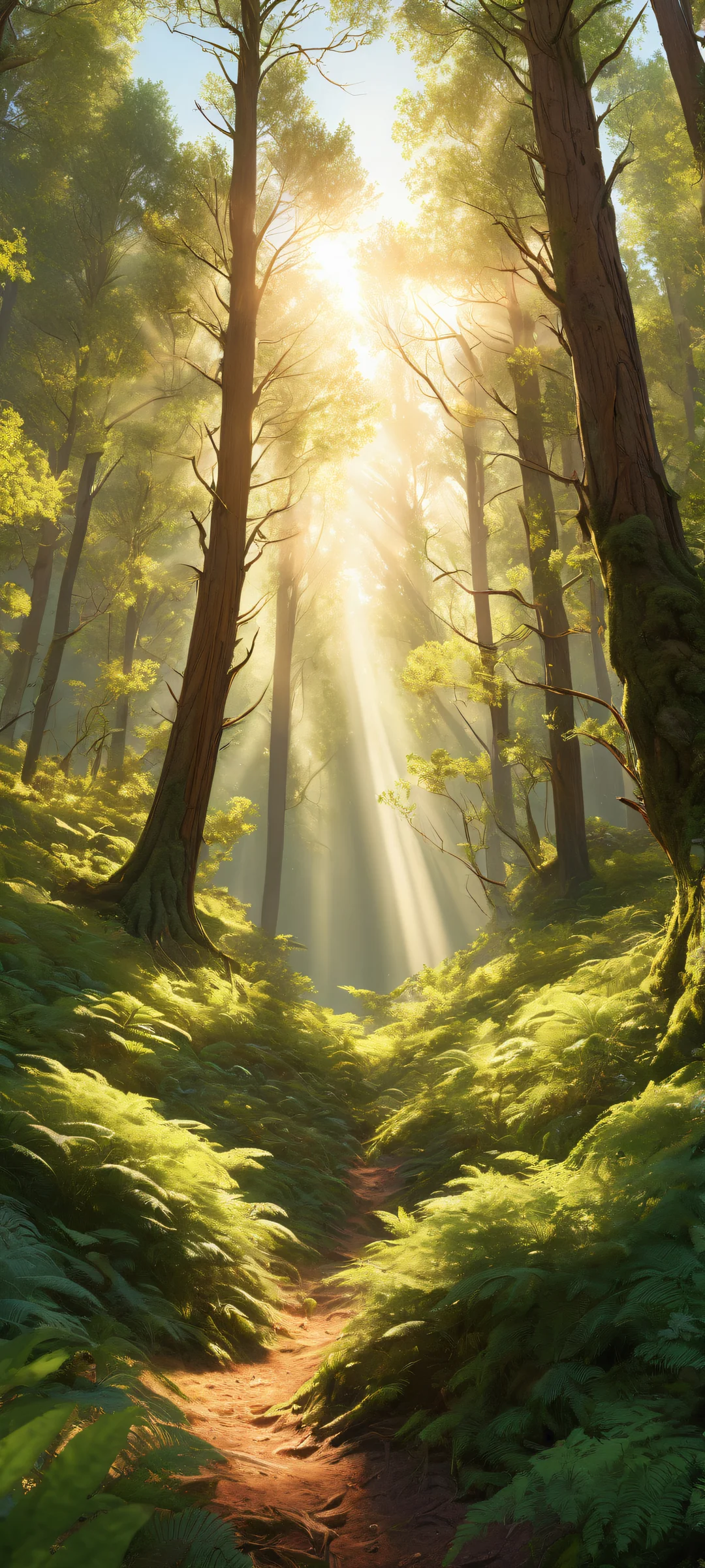 Majestic forest landscape on iPhone/Android with intricate micro-details and serene gradient background featuring lush foliage and soft shadows.