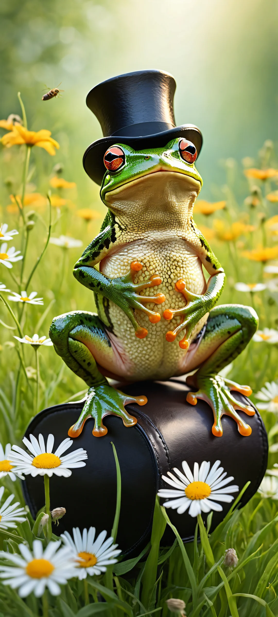 A whimsical frog rides a mouse with a leather saddle and hat in the meadow, perfect for iPhone/Android