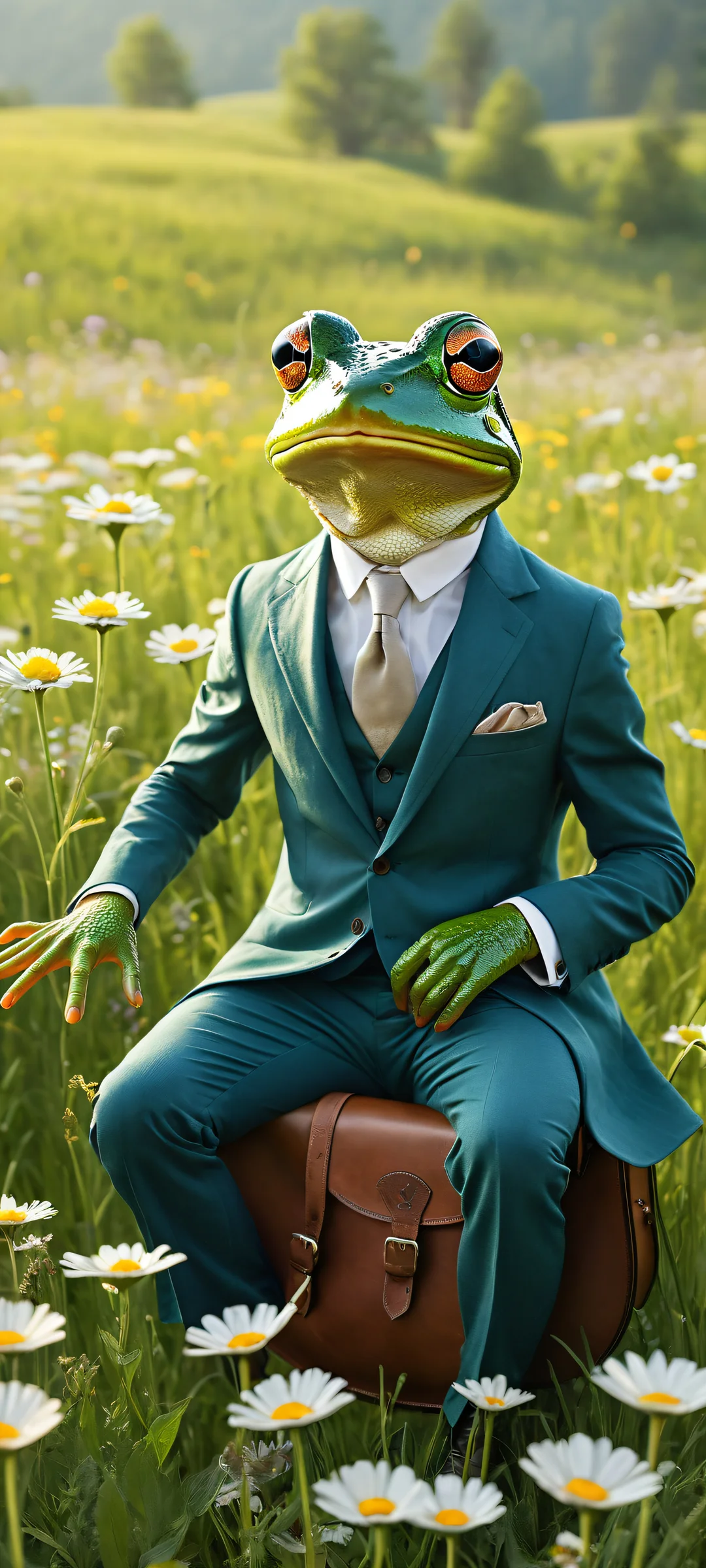A whimsical frog in a tailored suit riding a huge mouse with a leather saddle on a meadow background with soft wildflowers and green grass, perfectly optimized for iPhone, Samsung Galaxy, and Android home screens.