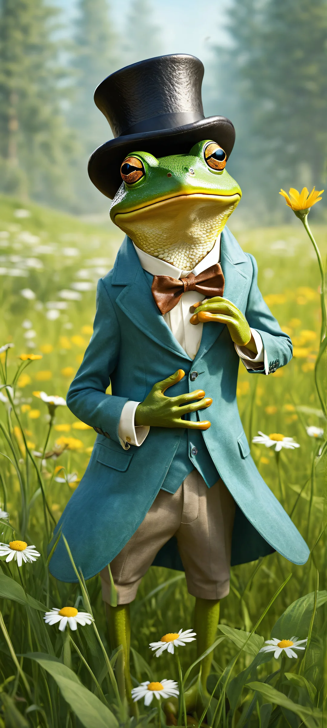 A refined frog in a tailored suit rides a majestic mouse through a serene meadow on iPhone/Android